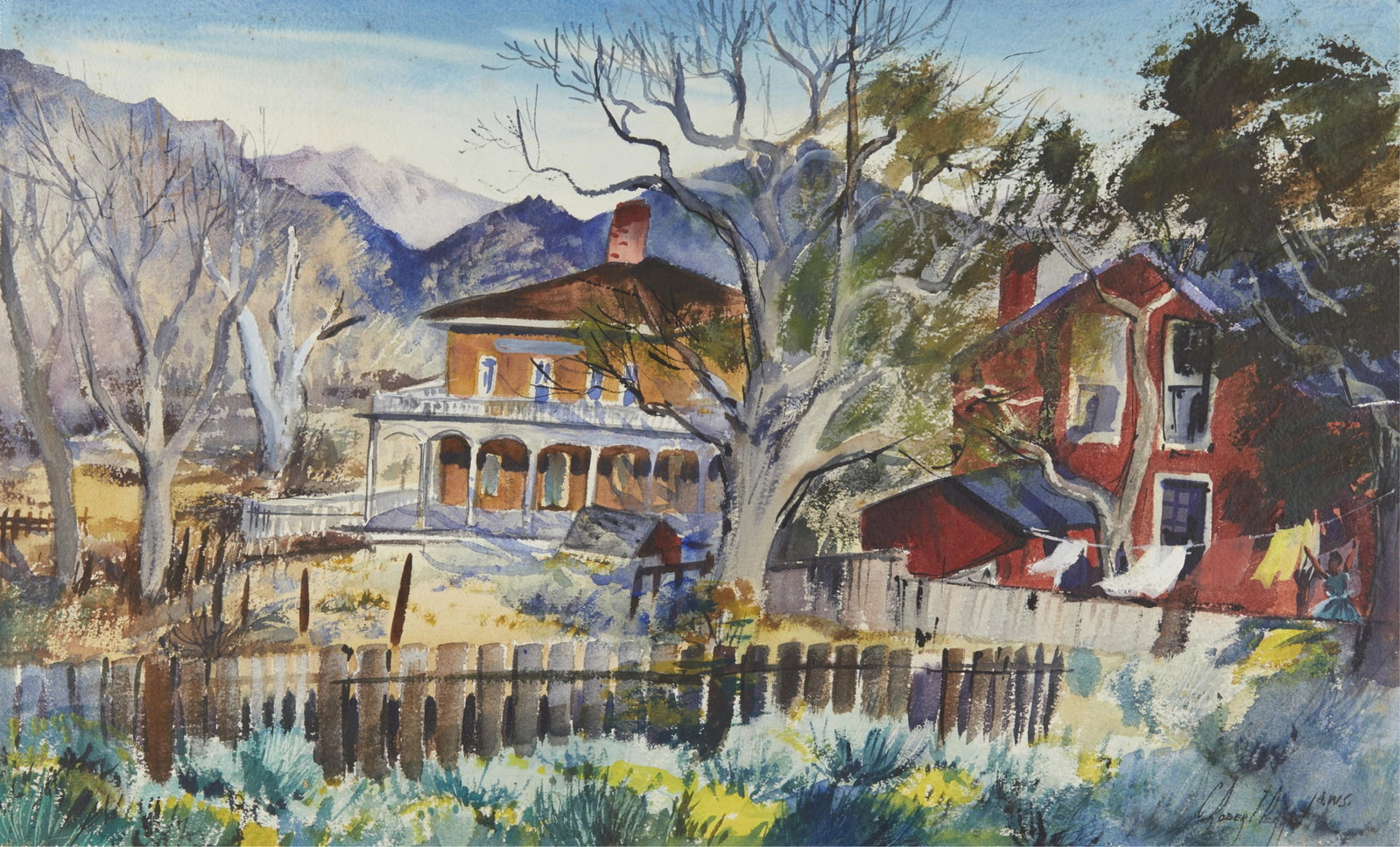 C. Robert Perrin "Back Fence Sierra" Painting: Charles Robert Perrin (American, 1915-1999). Watercolor on paper painting titled "Back Fence Sierra" depicting a peaceful autumn neighborhood. Signed along the lower right. Titled along the verso. Hei