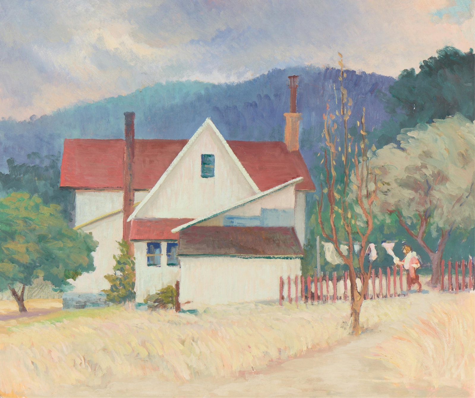 Victor Arnautoff Red Roofed Cottage Painting: Victor Arnautoff (Russian/American, 1896-1979). Oil on board painting depicting a charming, red roofed cottage surrounded by a serene landscape. Featuring a figure hanging laundry out to dry in the ya