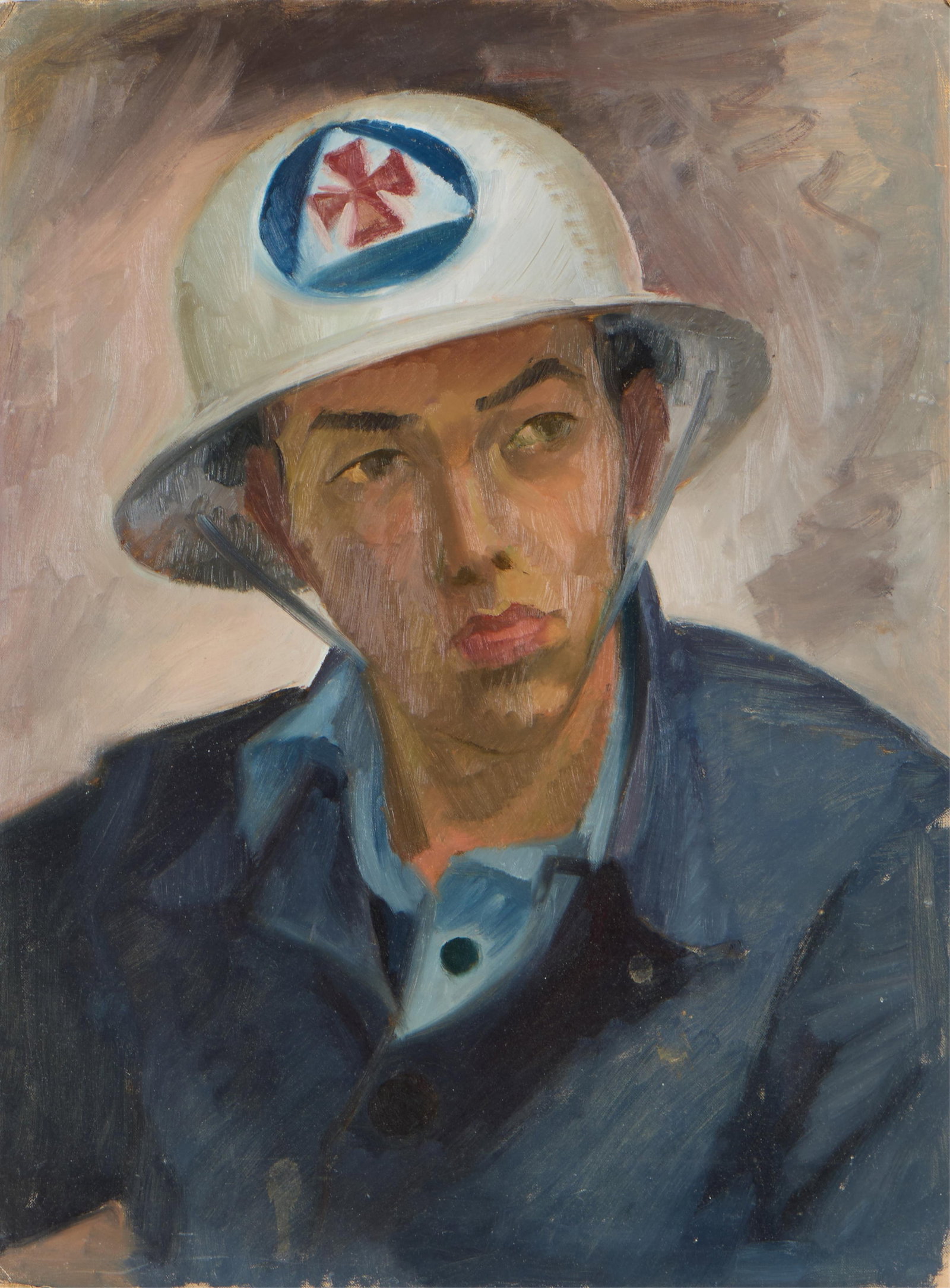 Victor Arnautoff Portrait of Son Painting: Victor Arnautoff (Russian/American, 1896-1979). Oil on canvas laid board painting. Depicting an emergency worker wearing a helmet with a red cross insignia, similar to those worn by medical personnel 