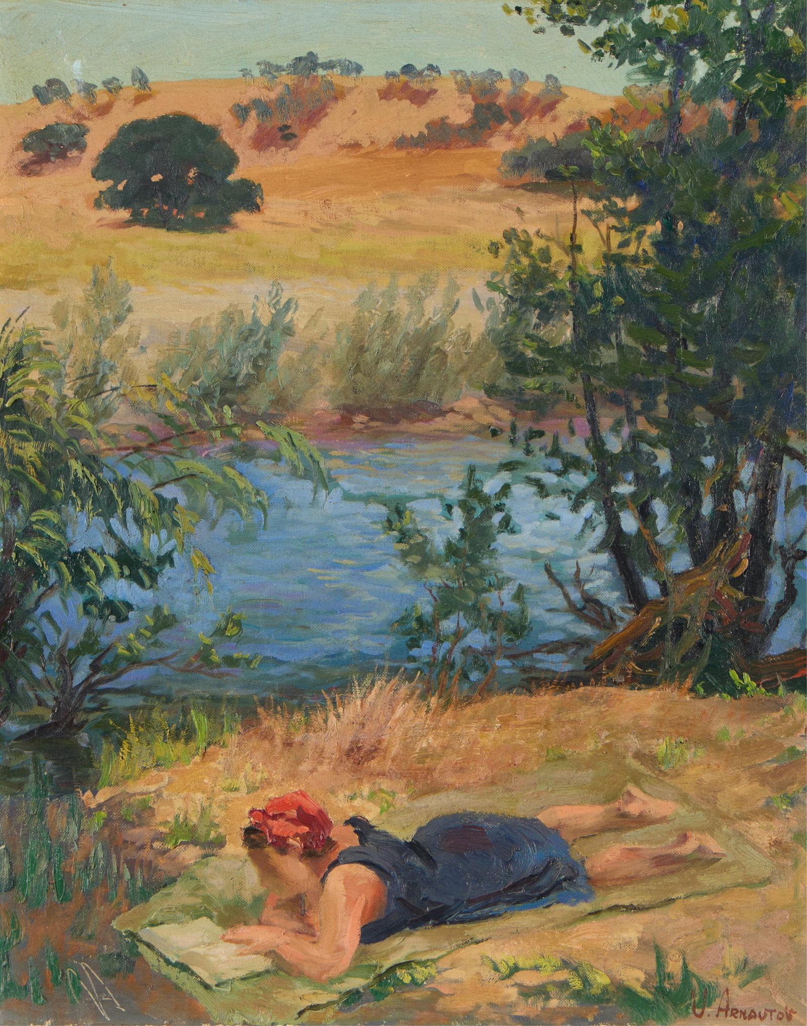 Victor Arnautoff Woman Reading Oil Painting: Victor Arnautoff (Russian/American, 1896-1979). Oil on board painting depicting a woman laying in the grass reading a book next to a body of water. The woman is Victor’s wife, Lydia Blonsky, who he 