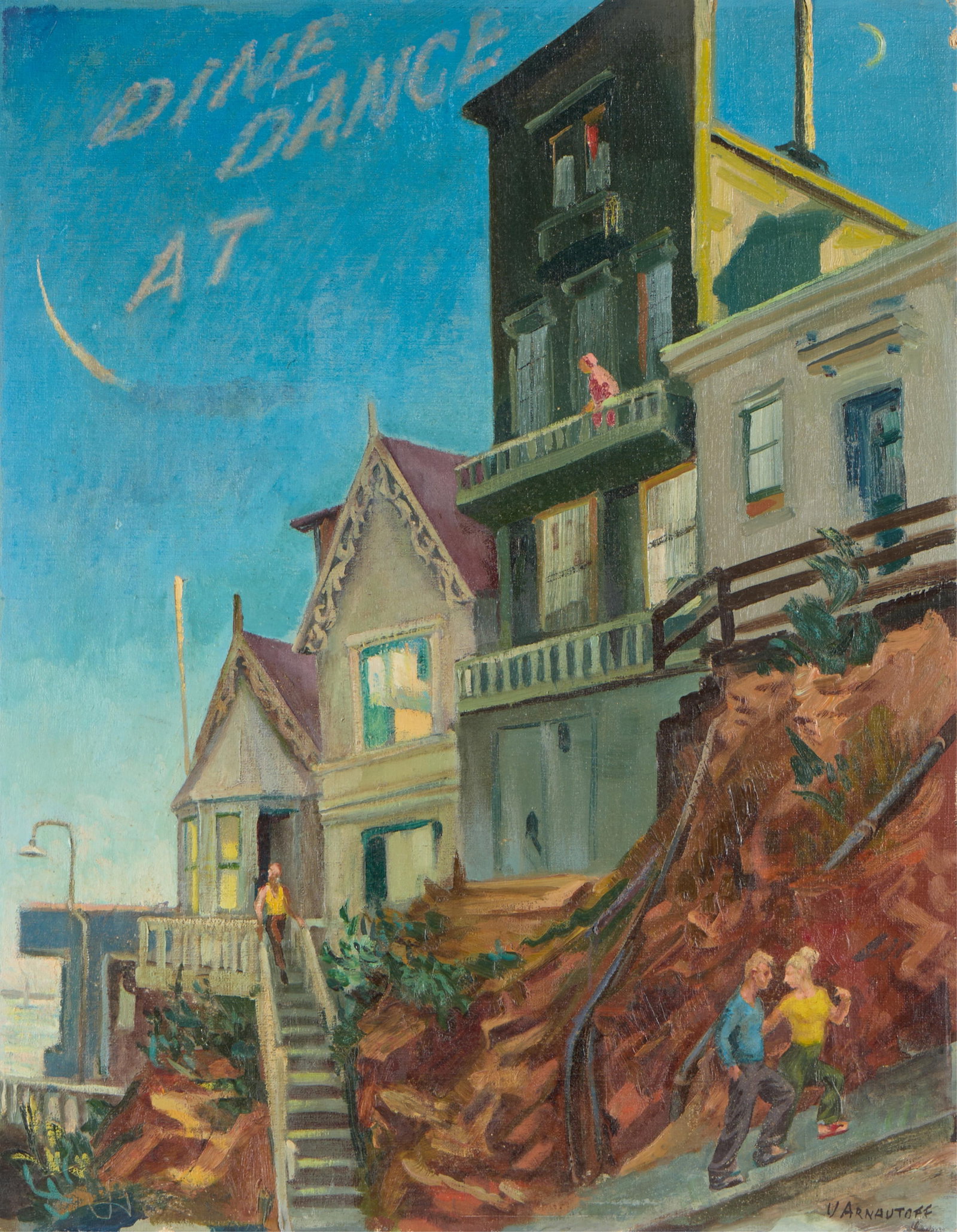 Victor Arnautoff "Skywriting" Oil Painting: Victor Arnautoff (Russian/American, 1896-1979). Oil on canvas laid board painting. Depicting a plane skywriting along the upper left, the writing is partially complete reading "DINE DANCE AT" in the s