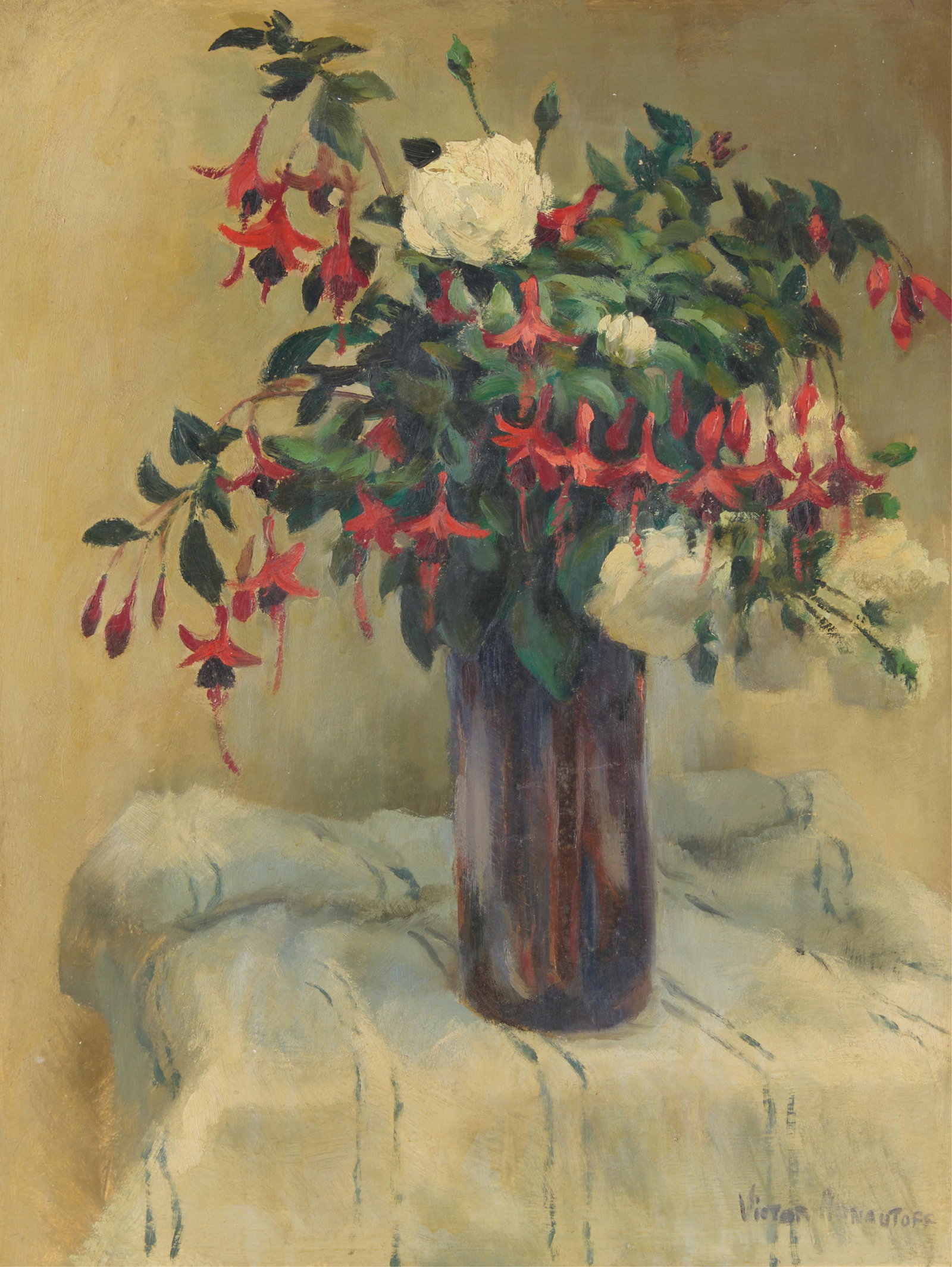 Victor Arnautoff Still Life Oil Painting: Victor Arnautoff (Russian/American, 1896-1979). Still life oil on board painting. Depicting a vase filled with vivid fuchsias and textured white roses. The vase is resting on a table draped in a soft 