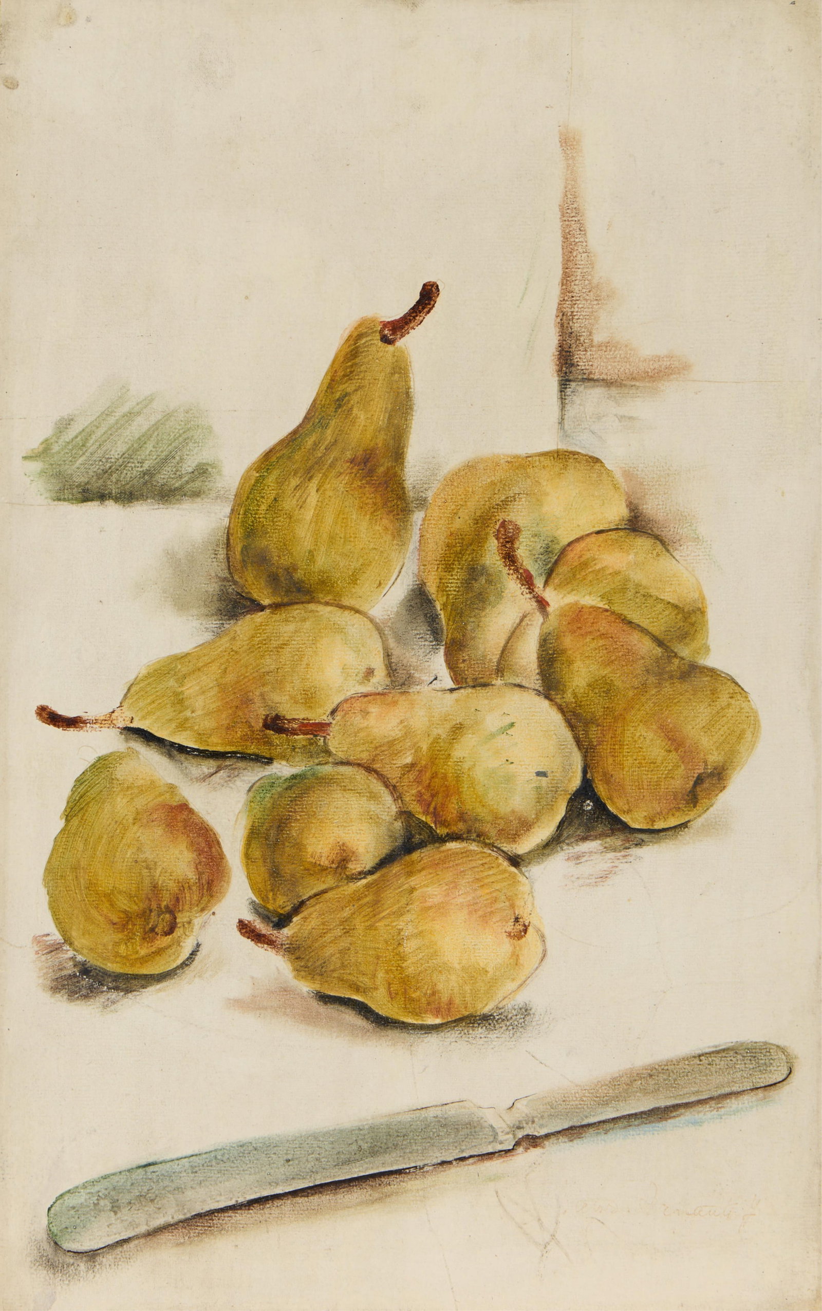 Victor Arnautoff Pears Still Life Painting: Victor Arnautoff (Russian/American, 1896-1979). Still life oil painting on a paper-laid board. Depicting a cluster of green pears with a silver butterknife in the foreground. Faintly signed along the 