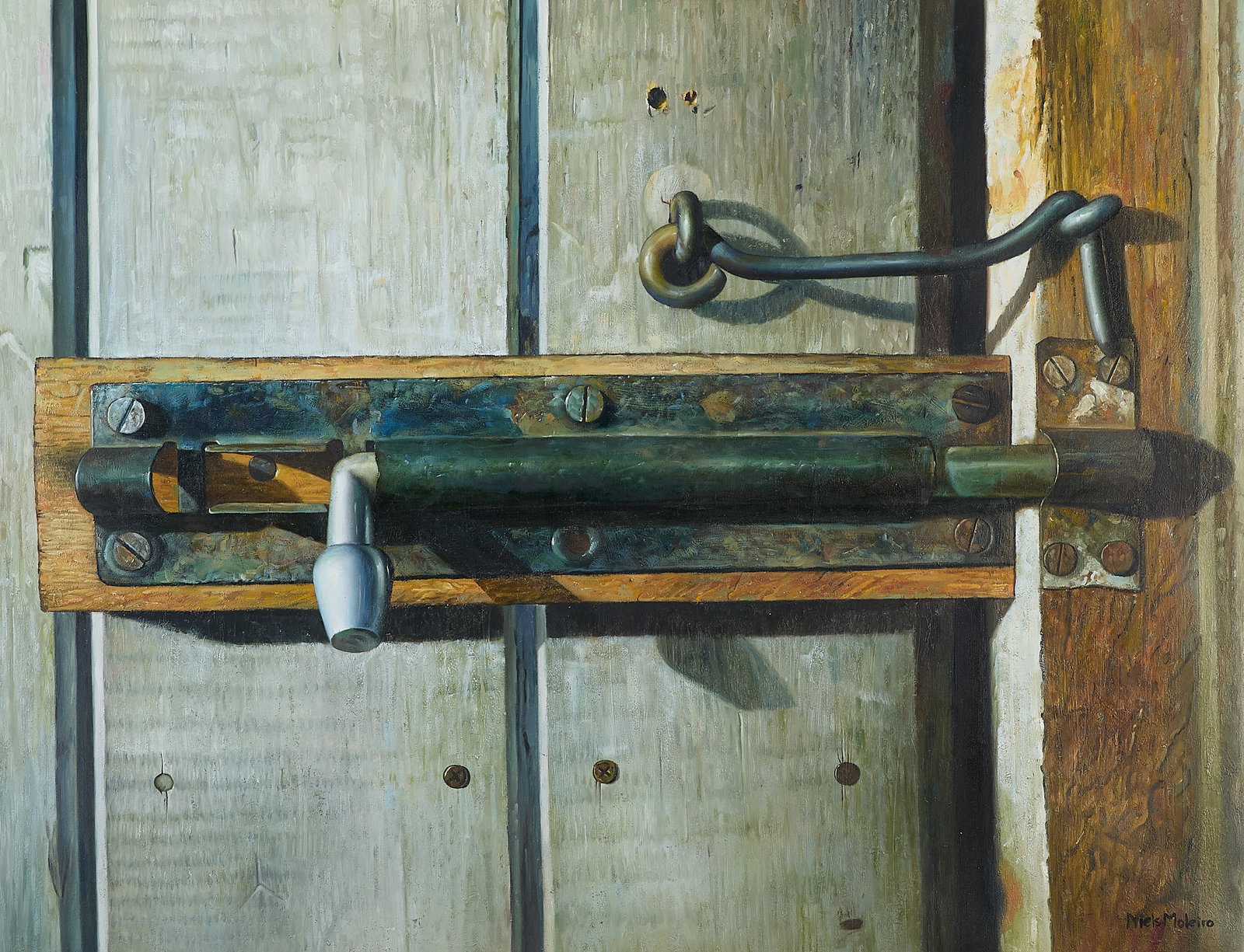 Niels Moleiro Luis "Latch" Still Life Painting: Niels Moleiro Luis (Cuban, b. 1970). Oil on canvas painting titled "Latch," depicting a still life of a latching gate or door lock. Signed along the lower right. With an auction tag from Everard Aucti