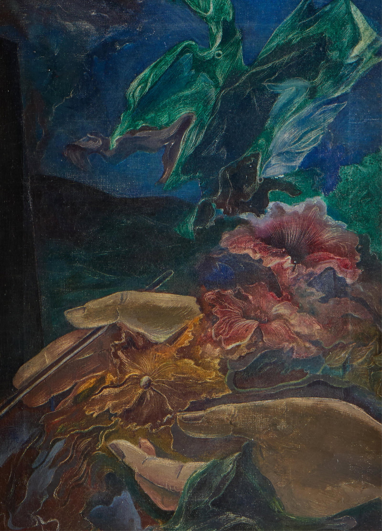 Oil on Canvas Still Life Floral Painting: Oil on canvas painting depicting two manicured hands holding a thin, cylindrical object encircled by vibrant, tropical flowers. Unframed; height: 16 in x 12 in. Framed; height: 22 3/4 in x width: 18 3