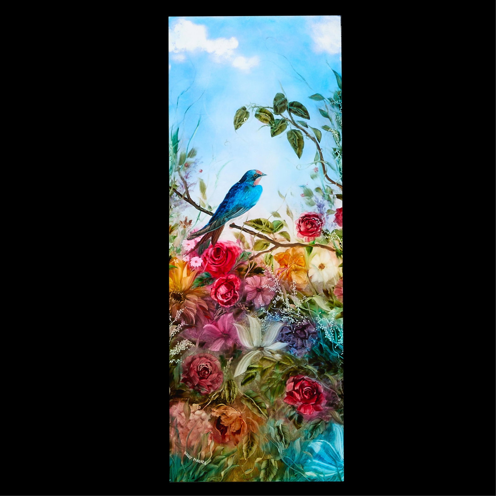 Nancy Magnell Reverse Painted Glass Window: Nancy Magnell (American, 20th/21st century). Reverse painted glass window featuring a vibrant blue bird perched among a lush, colorful arrangement of roses and various other flowers. Signed along the 