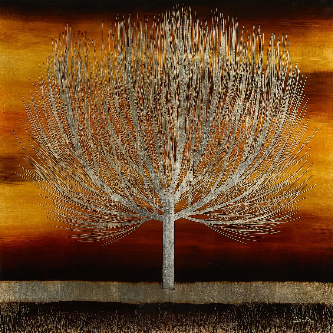 Nakisa Seika "Bright Sunset III" Mixed Media: Nakisa Seika (Japanese, b. 1974). Mixed media on board painting titled "Bright Sunset III," from the Silent Grove series. Featuring a stylized tree silhouette against an orange sunset background. Sign