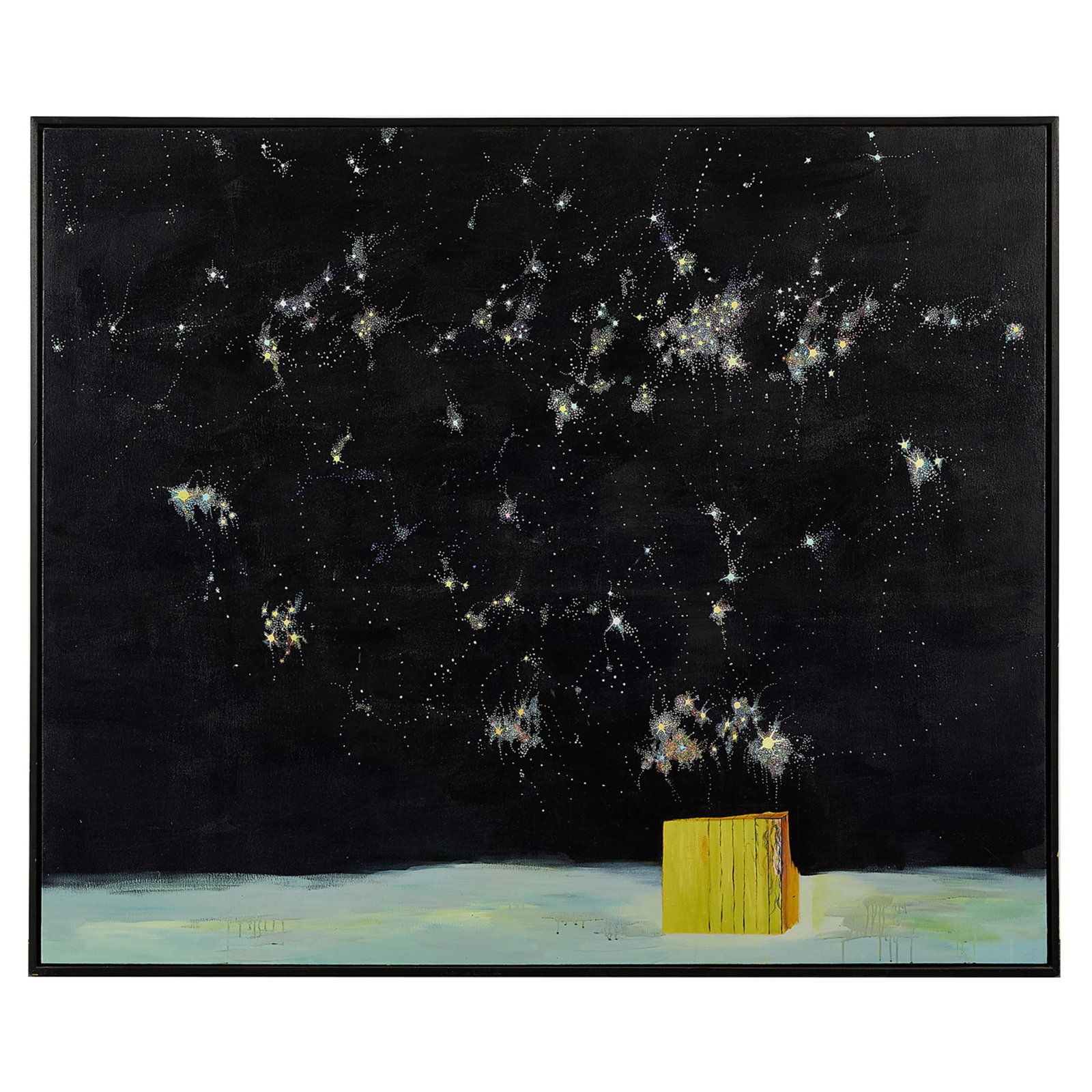 Jennifer Coates "Nightbox" Oil Painting 2004: Jennifer Coates (American, b. 1973). Oil on canvas painting titled "Nightbox," 2004. Depicting a small yellow structure below a dark, night sky enveloped by stars and constellations. Titled, signed, a
