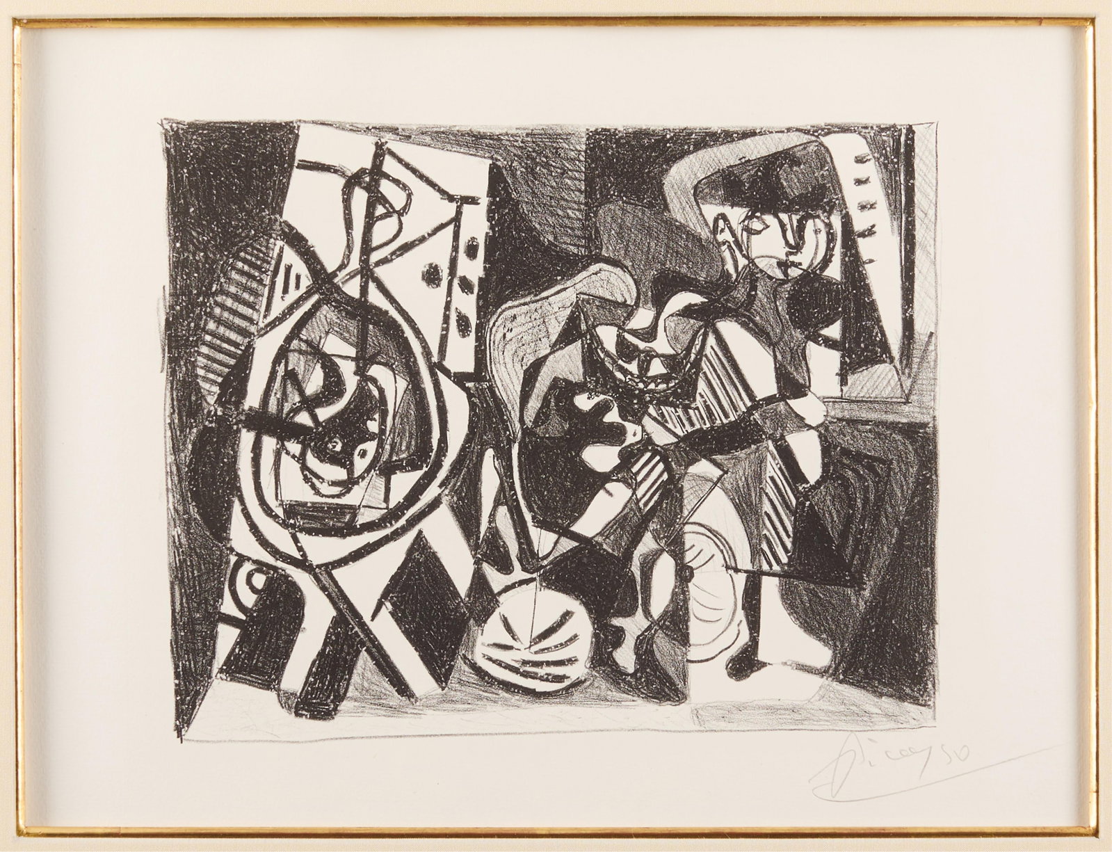 Pablo Picasso "Scene d'interieur" Lithograph 1926: Pablo Picasso (Spanish, 1881-1973). Lithograph print on Van Gelder Zonen paper titled "Scene d'interieur," 1926. Title translates to "Interior Scene," depicting a fragmented domestic space with abstra