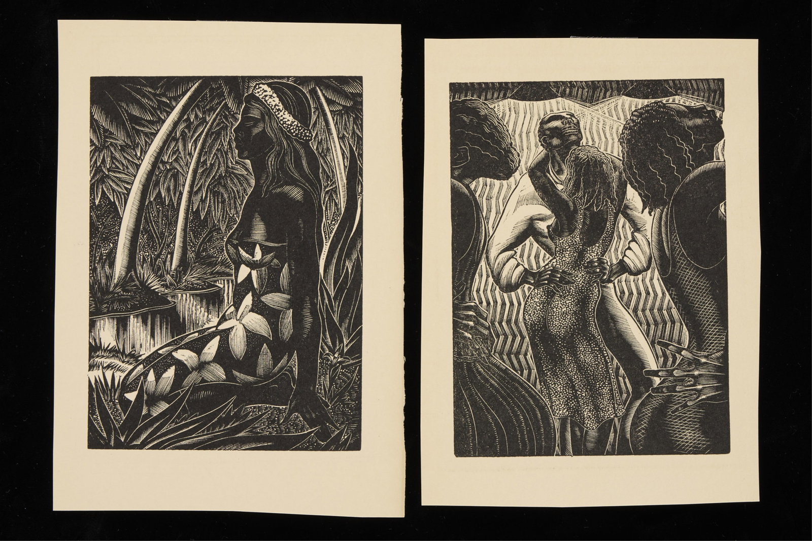 2 Lynd Ward "Hot Countries" Book Plates 1930: Lynd Ward (American, 1905-1985). Group of two engraved book plates on paper titled "Dancers" and "Exotic Female," featured as two of the illustrations in Alec Waugh's 1930 travel book titled "Hot Coun
