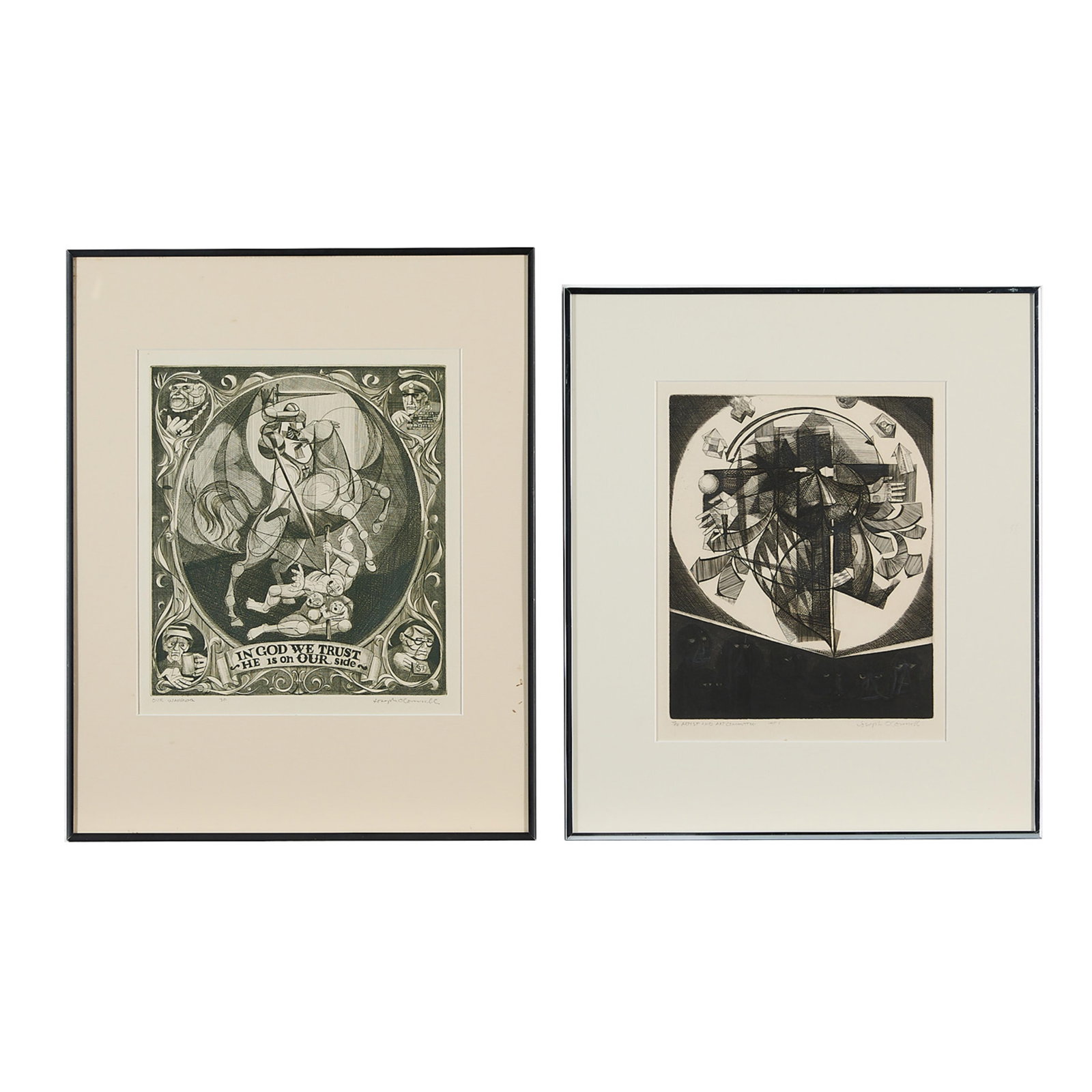 2 Joseph O'Connell Engravings: Joseph O'Connell (American, 1927-1995). Group of two engravings on paper including an engraving titled "Our Warrior," pencil titled and numbered "30" along the lower left margin, signed along the lowe