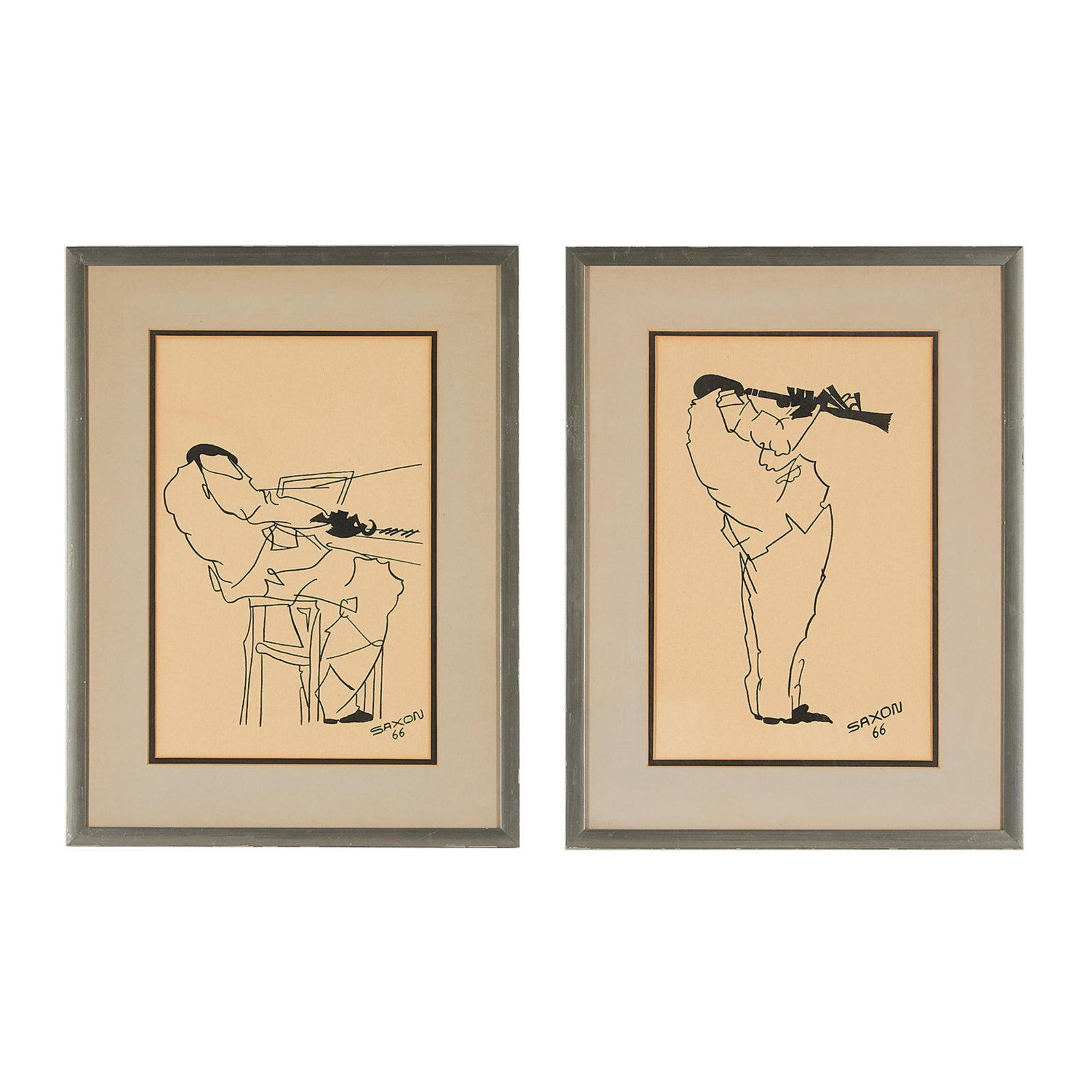 Pr Charles Saxon Ink Illustrations 1966: Charles Saxon (American, 1920-1988). Pair of ink illustrations on paper, each dated 1966. Including one depicting a musician playing the piano; and one depicting a musician playing the clarinet. Each 