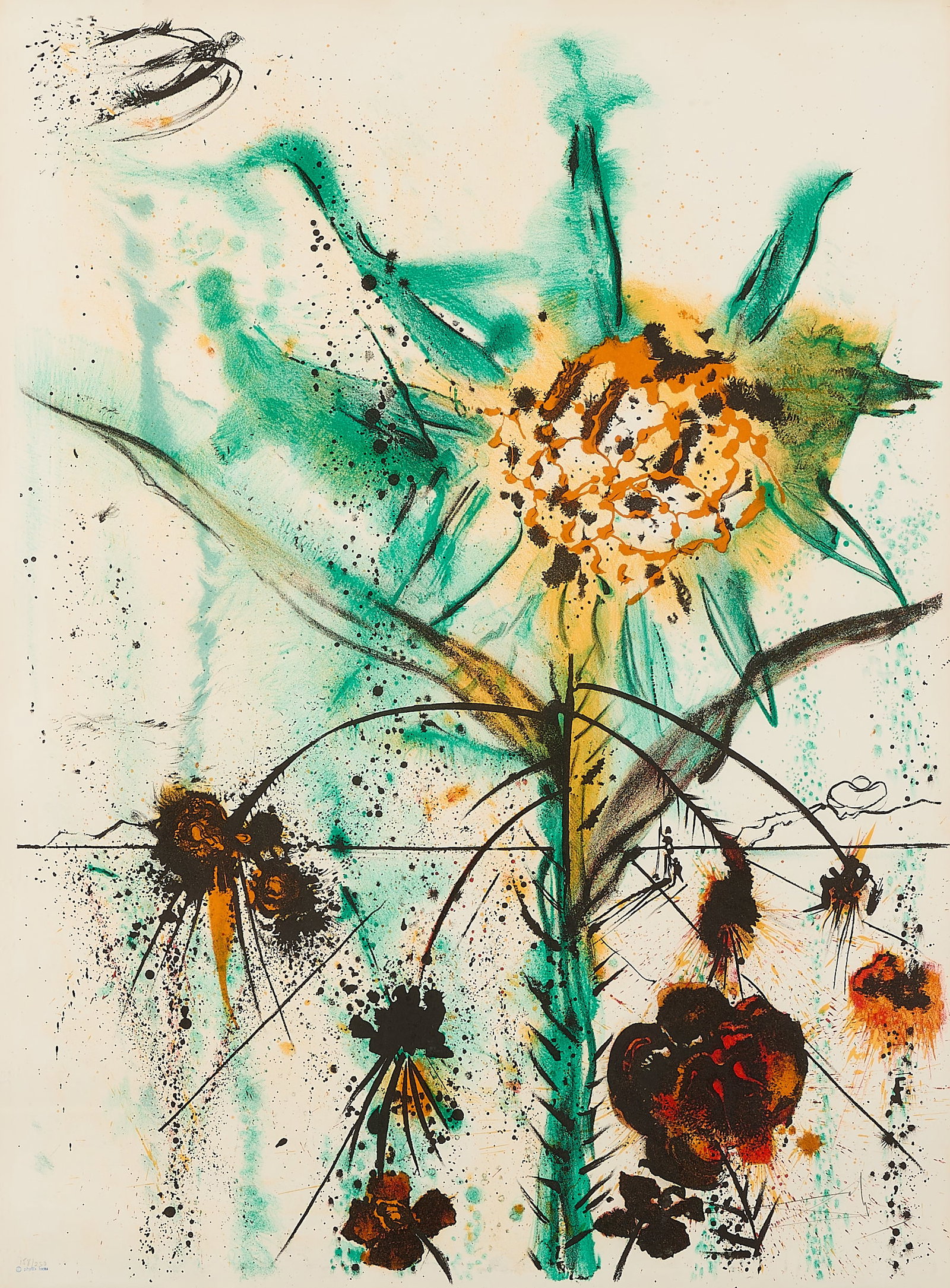 Salvador Dali "Sun Goddess Flower" Lithograph: Salvador Dali (Spanish, 1904-1989). Lithograph print on paper titled "Sun Goddess Flower." Featuring a central, vibrant sunflower bursting with vivid yellows, oranges, and greens. It is characterized 