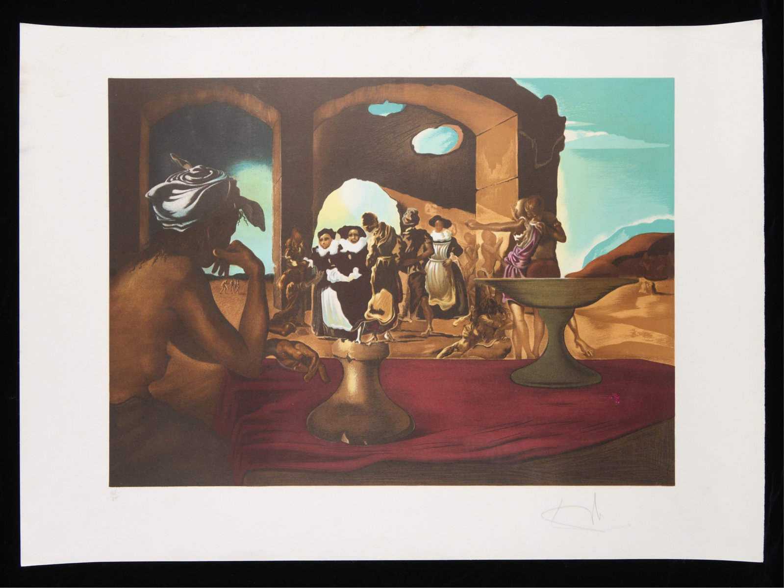 Salvador Dali "Slave Market with Voltaire" Lithograph: Salvador Dali (Spanish, 1904-1989). Lithograph print on paper titled "Slave Market with the Disappearing Bust of Voltaire." Pencil signed and numbered 165/300 along the lower margin. Depicting merchan