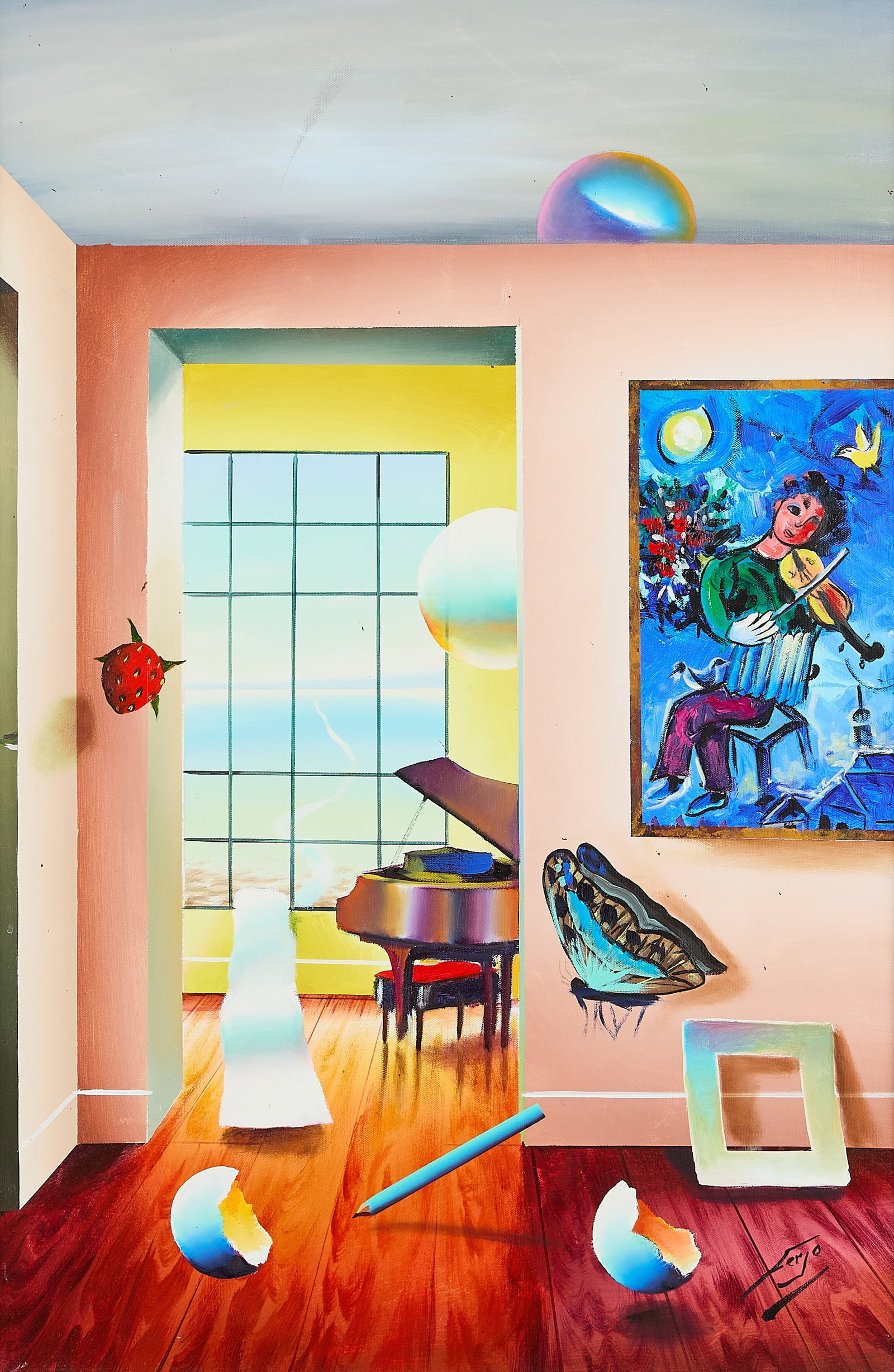 Fernando De Jesus Oliveira Surrealist Painting: Fernando De Jesus Oliveira "Ferjo" (Brazilian, b. 1946). Oil on canvas painting depicting a surrealist interior. Signed along the lower right. Unframed; height: 36 in x width: 24 in. Framed; height: 3