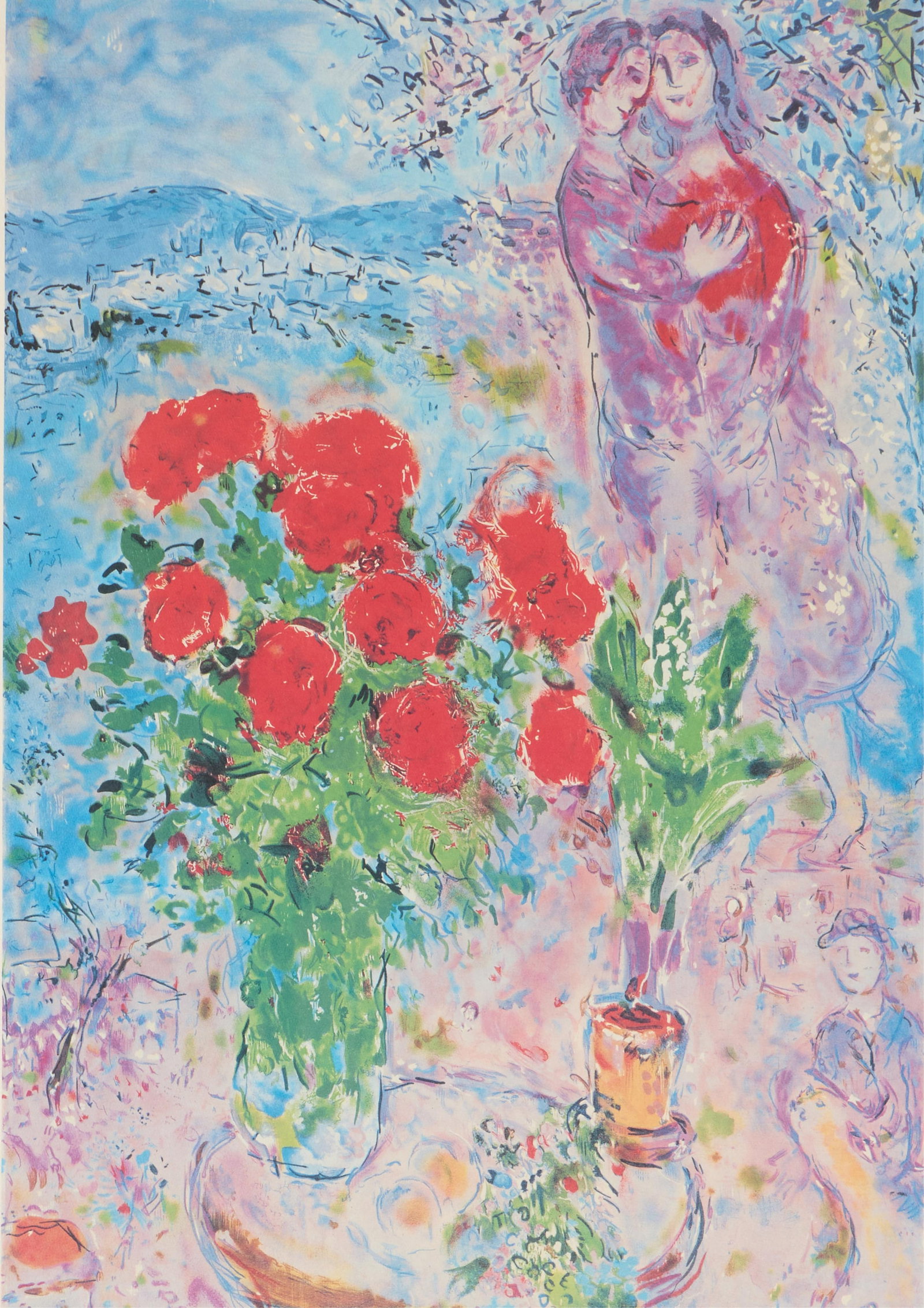 Marc Chagall "Red Bouquet with Lovers" Lithograph: Marc Chagall (French/Russian, 1887-1985). Lithograph print on paper titled "Red Bouquet with Lovers." Depicting an amorous couple beside a bouquet of red roses. Pencil signed along the lower right and