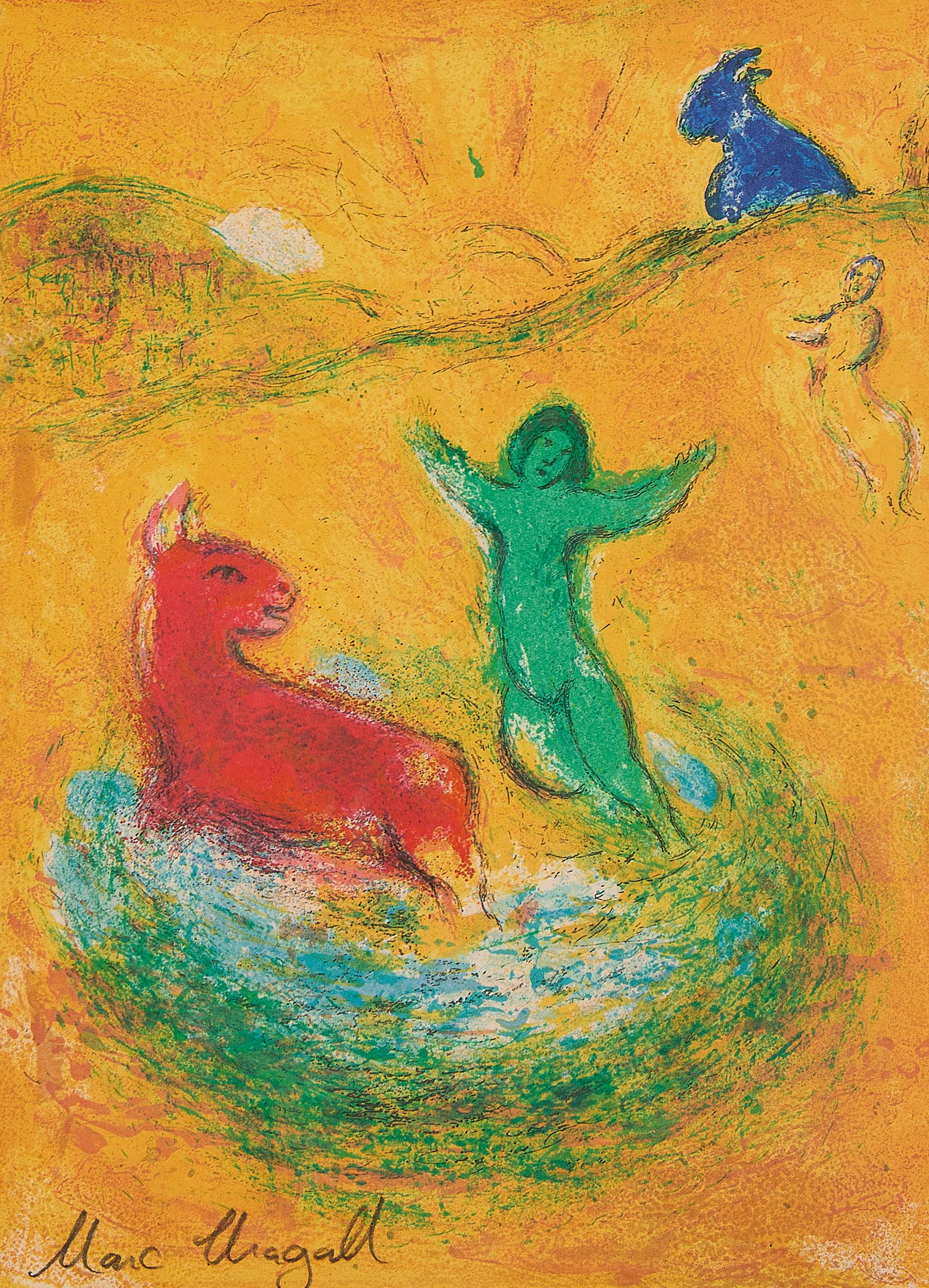 Marc Chagall "Wolf Pit" Lithograph 1960s: Marc Chagall (French/Russian, 1887-1985). Lithograph print on paper titled "The Wolf Pit," from the Daphnis and Chloe series, ca. 1960s. Depicting the moment when the young shepherd Daphnis accidental