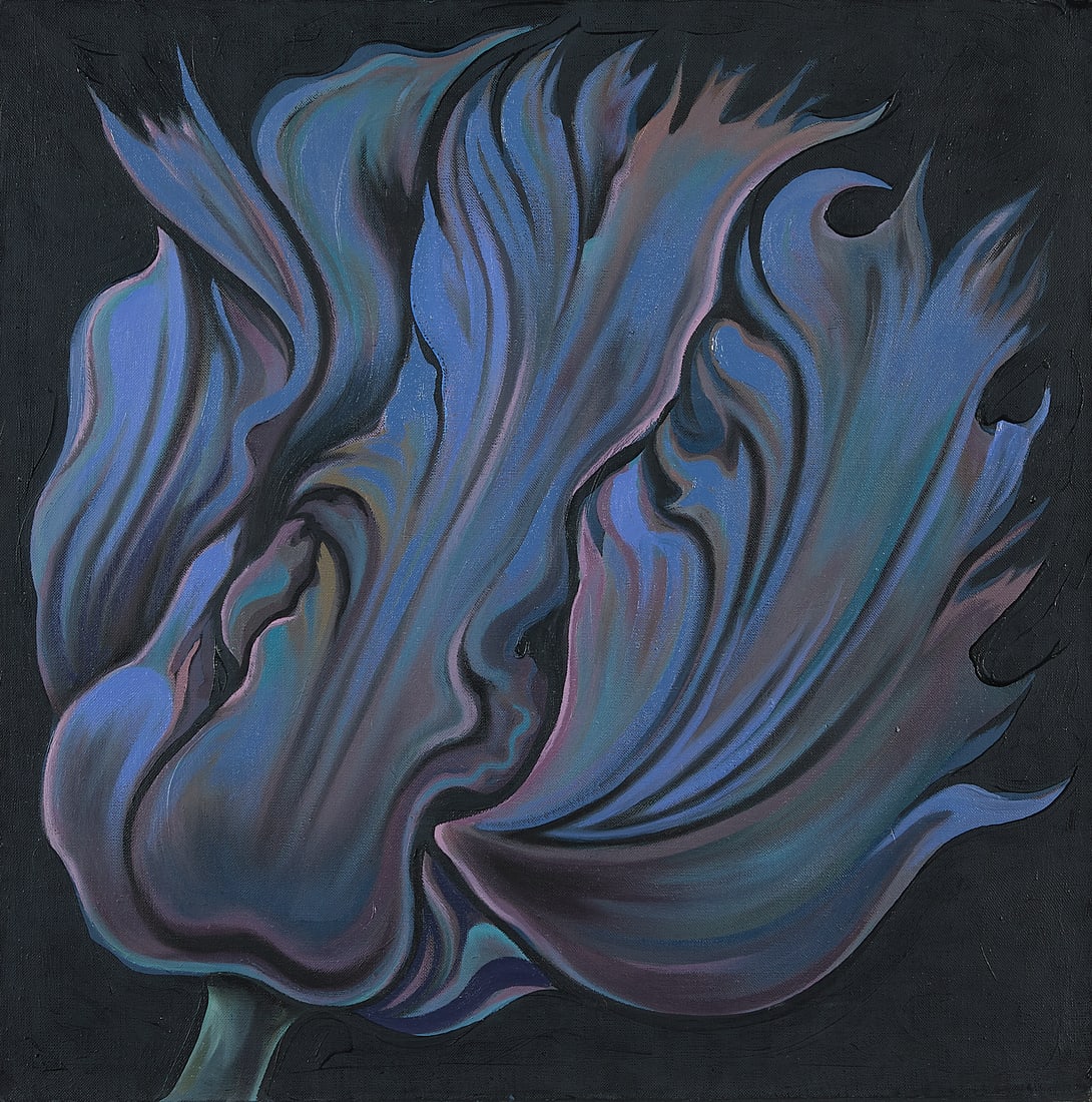 Lowell Nesbitt "Nocturnal Parrot Tulip" Painting: Lowell Nesbitt (American, 1933-1993). Oil on canvas painting titled "Nocturnal Parrot Tulip," 1981. Depicting a dramatic, stylized tulip flower in shades of blue and purple against a black ground. Sig