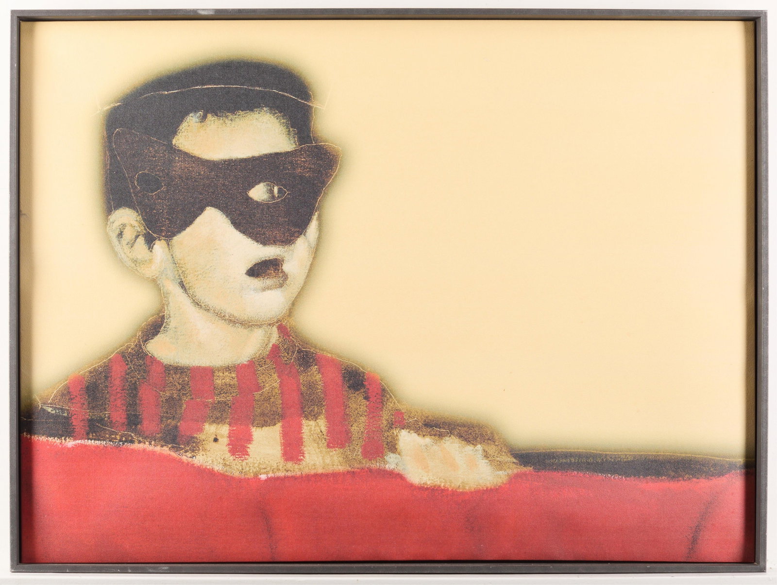 Figurative "Boy with Mask" Giclee on Canvas: Giclee on canvas depicting a young boy with a off-centered mask covering part of his face. Sight; height: 27 3/4 in x width: 38 1/4 in. Framed; height: 29 1/4 in x width: 38 3/4 in x depth: 2 1/4 in.