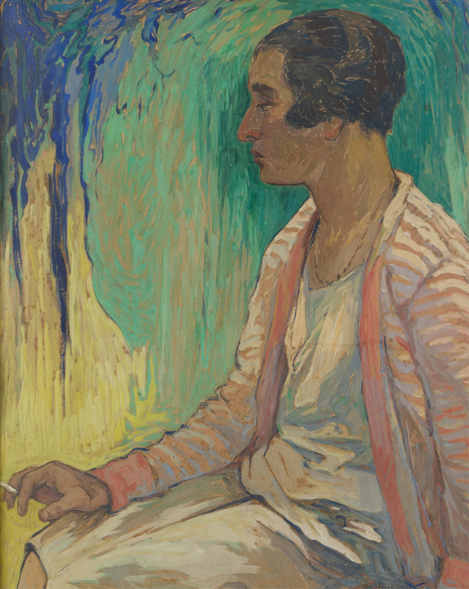 Paul Cauchie Figurative Gouache Painting: Auguste Paul Cauchie (Belgian, 1875-1952). Gouache on paper painting depicting a woman in profile with a cigarette resting lightly between her fingers. Signed along the lower right Sight; height: 32 3