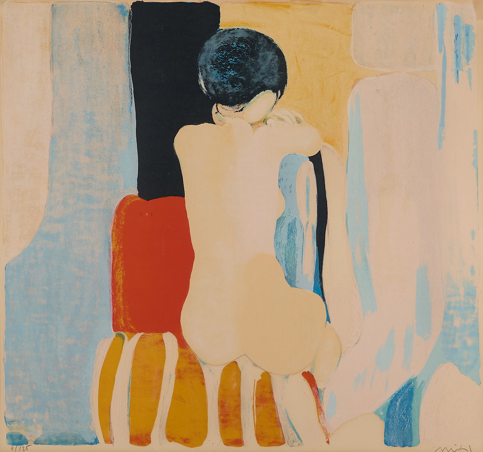 Roger Muhl Nude Lady Lithograph: Roger Muhl (French, 1929-2008). Lithograph print on paper depicting a seated nude woman from behind with a vibrantly colored abstract background. Pencil signed along the lower right; editioned 4/125 a