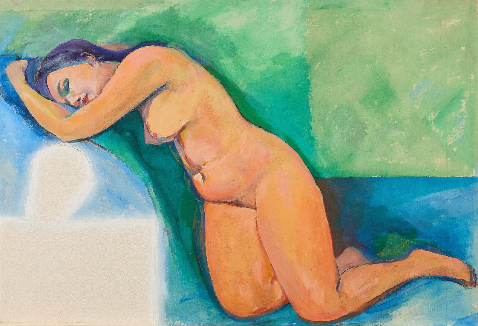 Saliba Douaihy Kneeling Nude Modernist Painting: Saliba Douaihy (Lebanese/American, 1915-1994). Oil on canvas painting depicting a reclining nude woman. With a copy of photographs depicting the artist and the model. Provenance: The artist to a priva