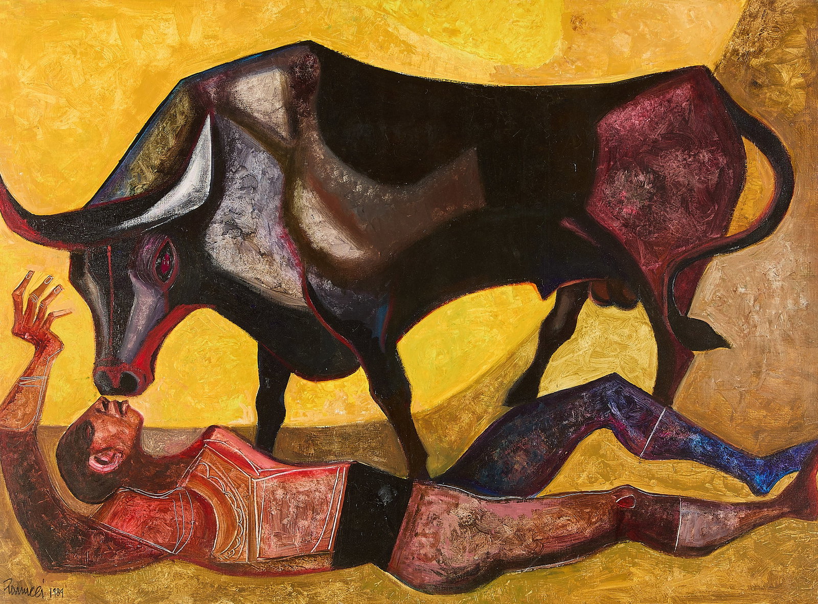 Lucio Ranucci "Muerte en la Sombre" Painting: Lucio Ranucci (Italian, 1925-2017). Oil on canvas painting titled "Muerte en la Sombre (Death in the Shadows)," 1989. Depicting a man laying on the ground as a bull stands over him looking curiously d