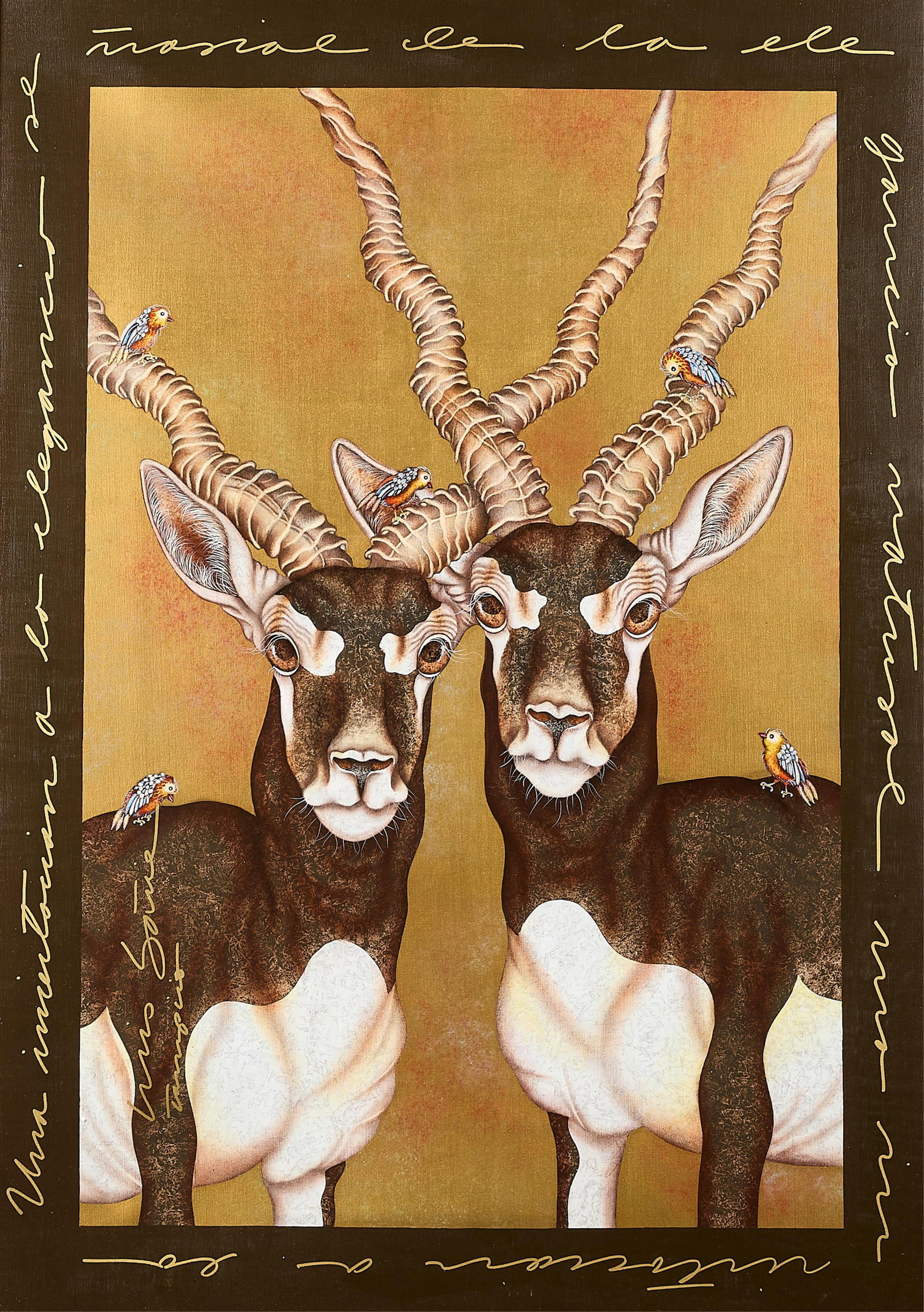 Luis Sottil "Standing Invitation" Painting: Luis Sottil (Mexican, b. 1959). Naturalismo painting on canvas titled "Standing Invitation." Depicting two Blackbuck antelopes with colorful birds perched along their spiraled, ringed horns. The artis