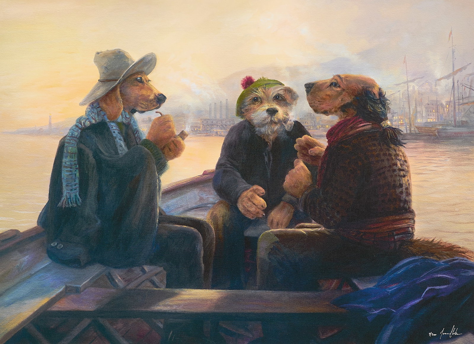 Ivan Clarke "McGinty and the Wilkes" Giclee: Ivan Clarke (New Zealander, b. 1950s). Giclee print on canvas titled "McGinty and the Wilkers," from the Lonely Dog series. Depicting three dogs anthropomorphized as old Wilkers (sea slang for whale m
