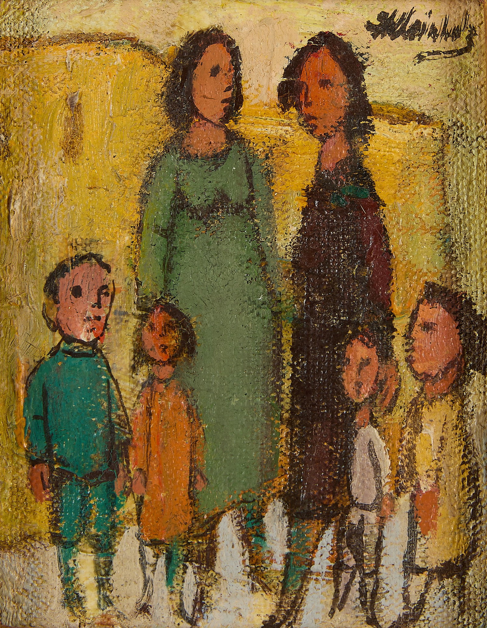 Frank Kleinholz "Family" Oil on Board Painting: Frank Kleinholz (American, 1901-1987). Oil on canvas laid board painting titled "Family," depicting two mothers and four children. Signed along the upper right. With an incised plaque along the lower 