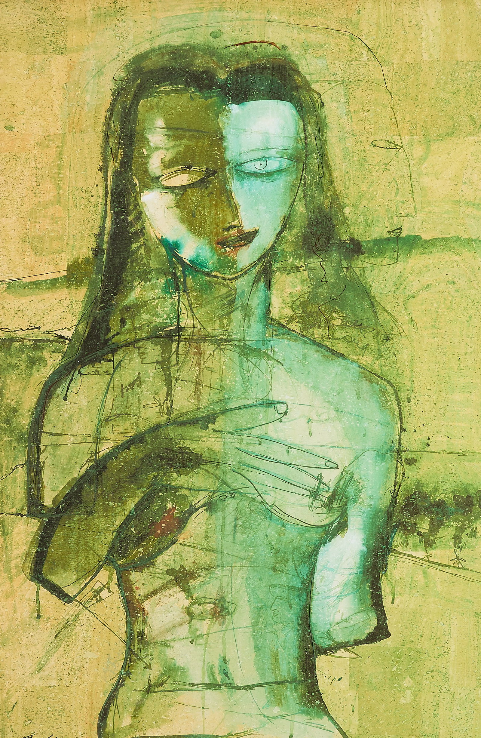 Jamali Pigment on Cork Portrait Painting: Jamali (Pakistani/American, b. 1944). Pigment on cork painting depicting a woman. Signed along the lower left. Art Resources Gallery label along the verso. Sight; height: 37 in x width: 24 3/4 in. Fra