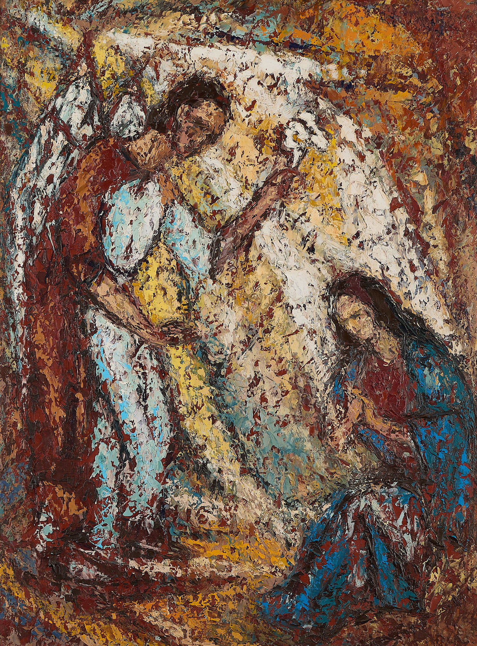 August Molder "The Annunciation" O/C Painting: August Molder (Estonian, 1914-1982). Oil on canvas painting titled "The Annunciation," depicting the angel Gabriel visiting the Virgin Mary. Signed and titled along the verso; further titled along a p