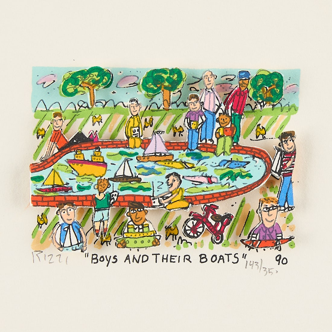 James Rizzi "Boys and Their Boats" 3D Print 1990: James Rizzi (American, 1950-2011). Three-dimensional screenprint titled "Boys and Their Boats," 1990. Depicting young boys and men playing with toy boats in the park. Pencil signed and editioned 143/3