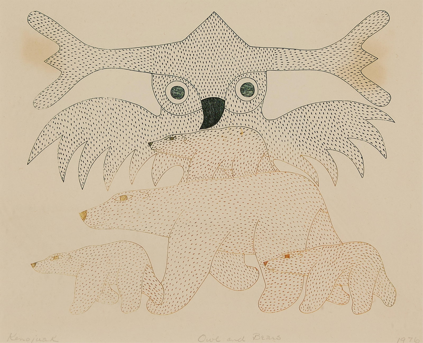 Kenojuak Ashevak "Owl & Bears" Stonecut Print 1976: Kenojuak Ashevak (Inuit (Kinngait - Cape Dorset), 1927-2013). Stonecut print on paper titled "Owl and Bears," 1976. Depicting an owl looming over four polar bears forms. Pencil signed along the lower 