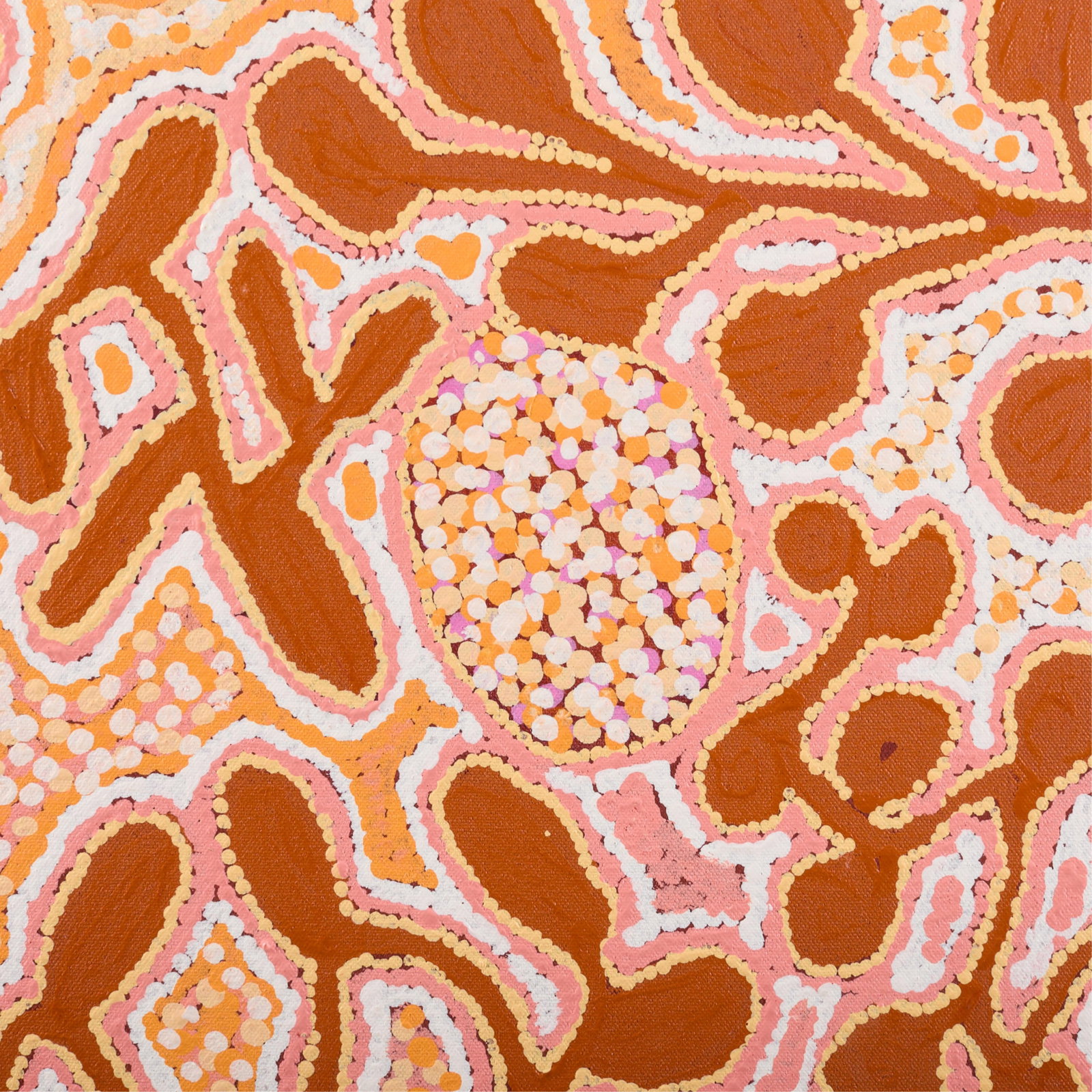 Miriam Olodoodi Aboriginal Dot Painting: Miriam Olodoodi (Aboriginal, b. 1945). Featuring detailed dot work in colors of white, yellow, pink, orange, and burnt red. Signed and numbered 659/02 along the verso. Inscribed "Warlayirti Artists" a