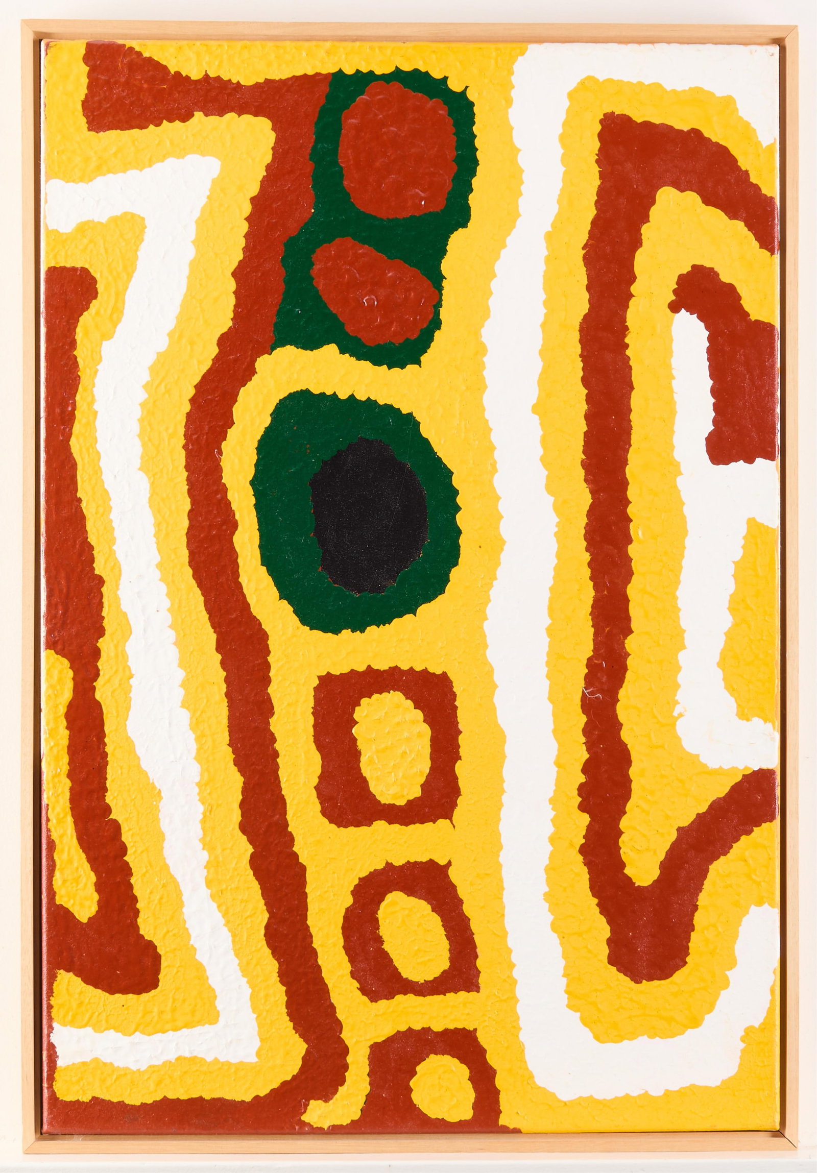 Lucy Yukenbarri Aboriginal Abstract Oil Painting: Lucy Yukenbarri Napanangka (Kukatja, 1934-2003). Oil on canvas painting depicting abstract geometric motifs in vibrant red, yellow, green, and white pigment. Signed and numbered 212/99 along the verso