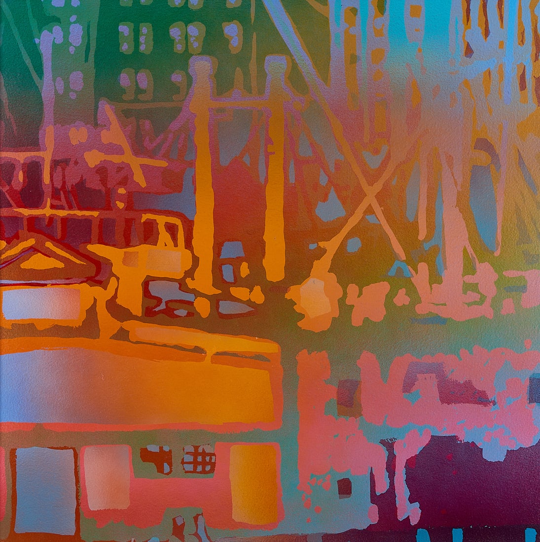 Mike Proulx "NYP-4" Abstract A/C Painting 1976: Mike Proulx (American, b. 1947). Acrylic on canvas painting titled "NYP-4," 1976. Depicting an architectural abstraction. Pen signed and titled along the verso. Dated along a label affixed along the v