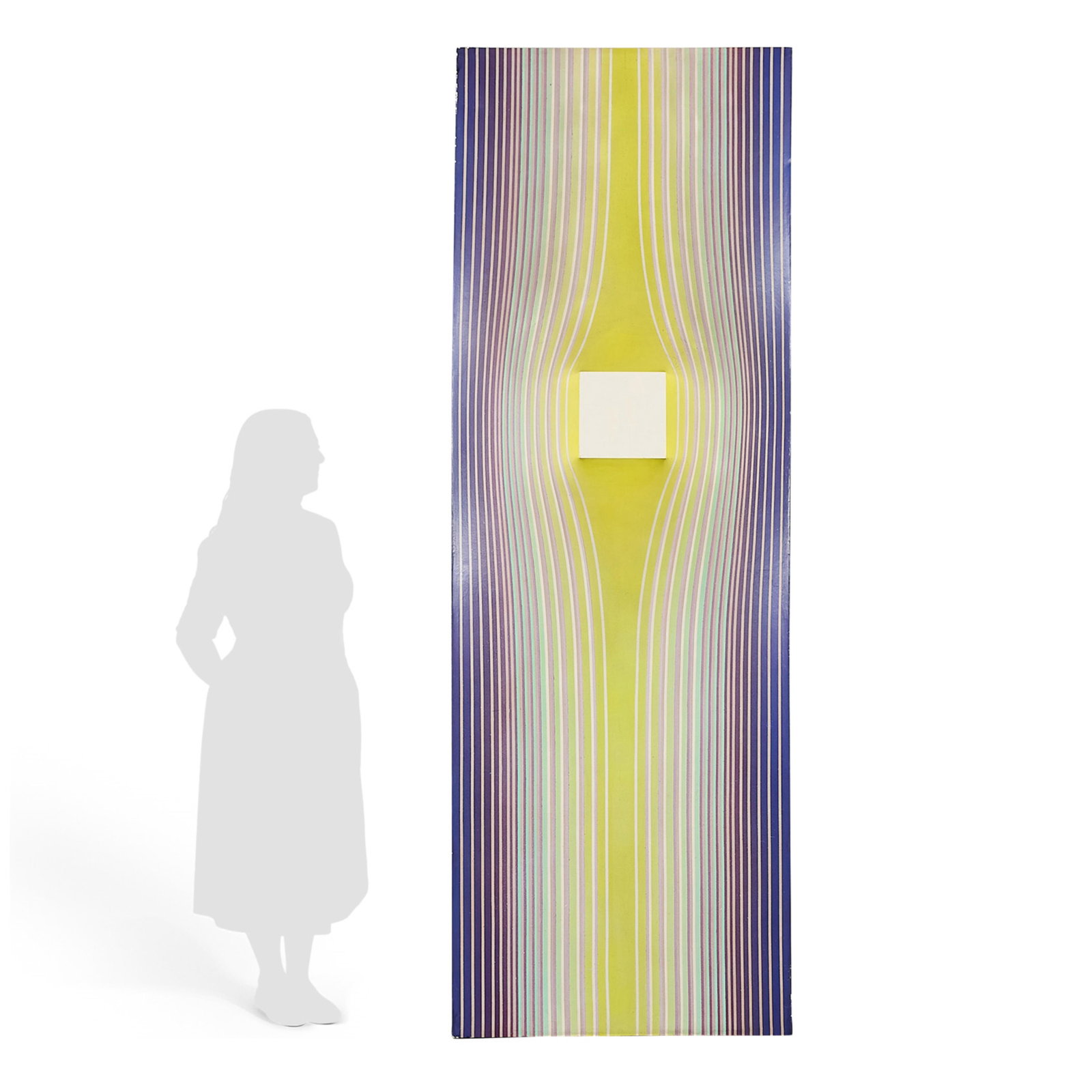 Lrg Dewey Seid Painting w/ Associated Art: Dewey (Dui) Seid (American, b. 1945). Large three-dimensional geometric painting with associated art including an artist photo, article, and design schematics. The painting featuring a white square th