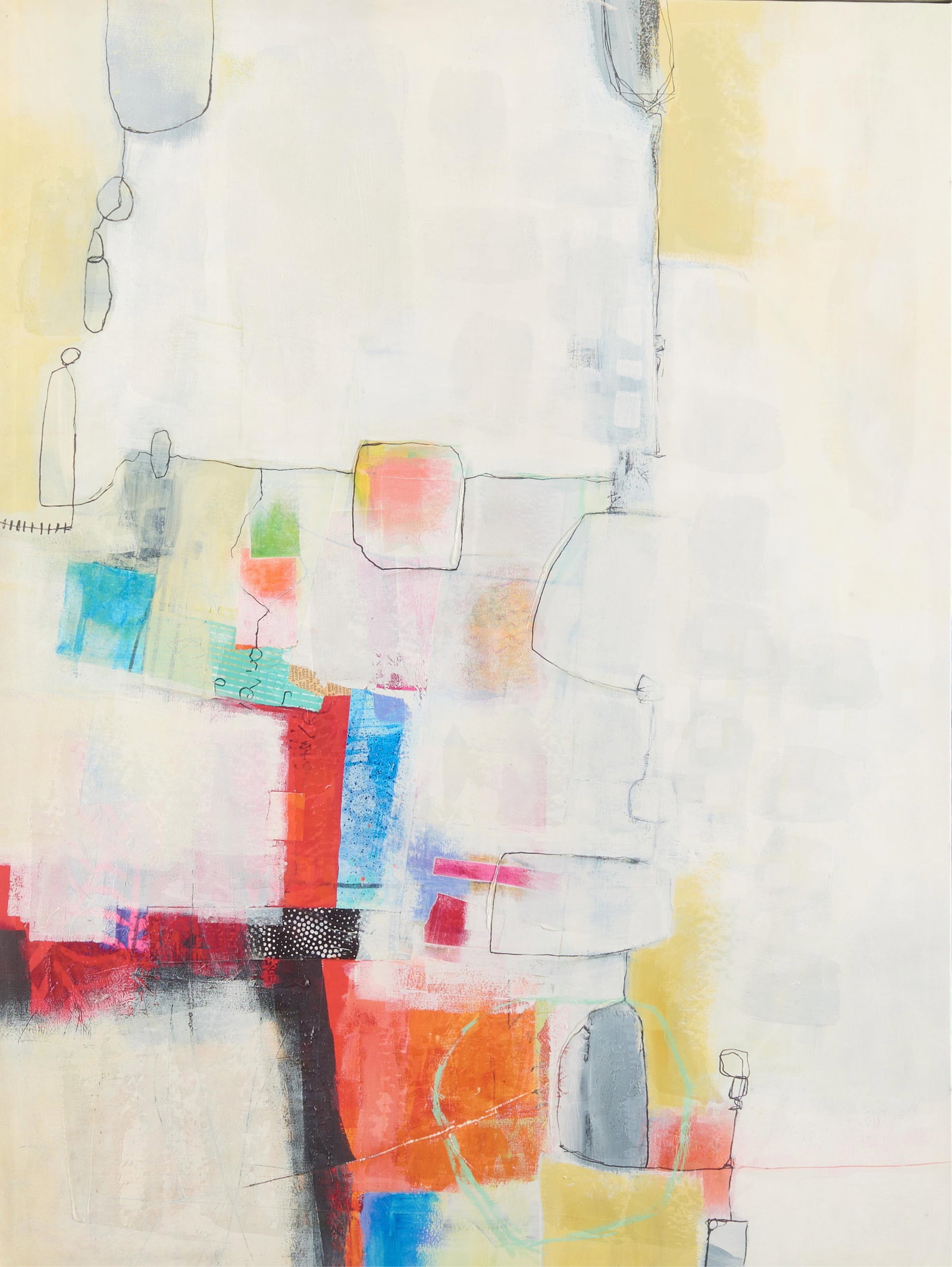Attr. Jane Davies "Day in the City" MM Artwork: Attributed to Jane Davies (American, 20th/21st century). Mixed media artwork titled "Day in the City." Depicting abstract, geometric forms in vibrant and pastel hues. Sight; height: 40 in x width: 30 