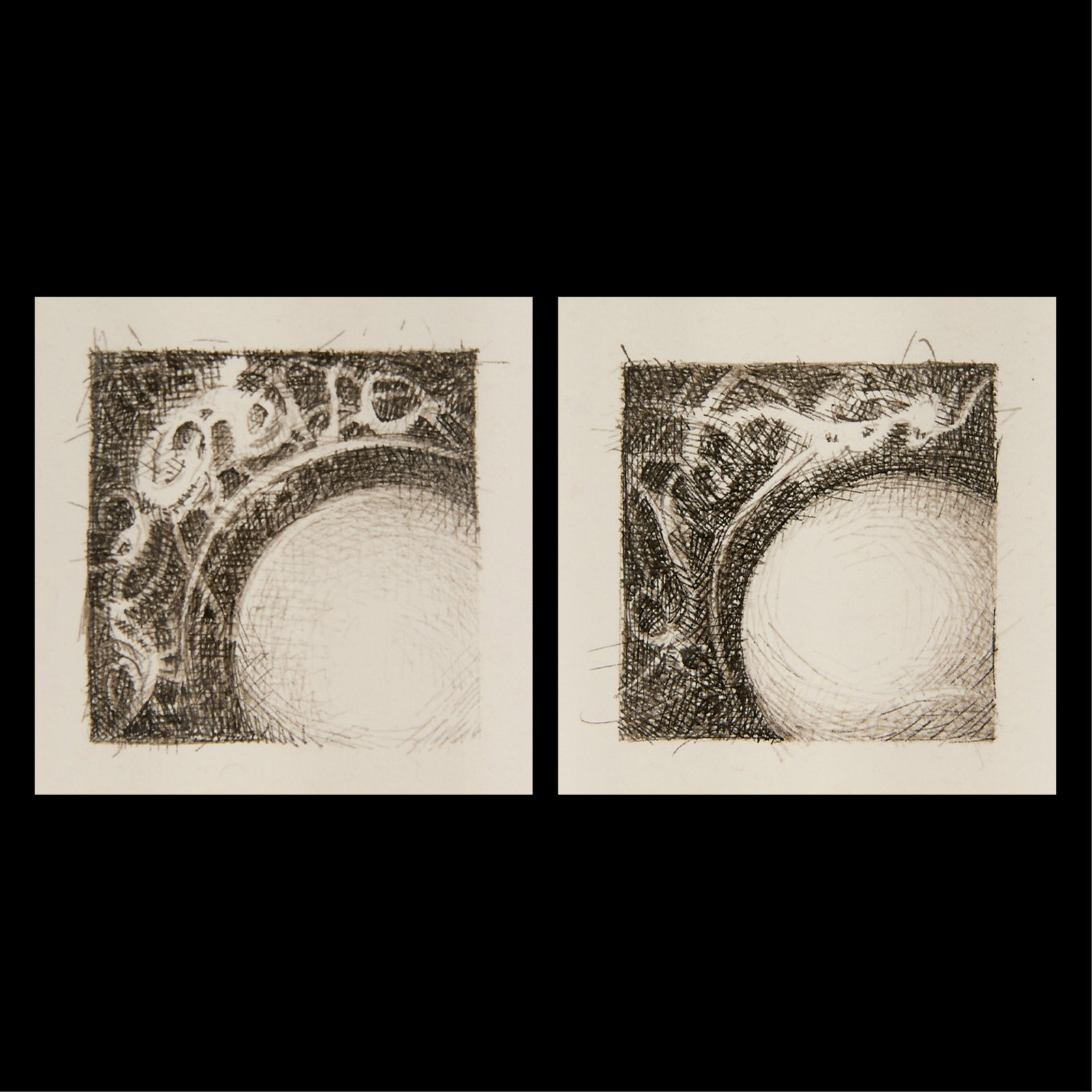 Pr Christine Taylor Pattern Ink Drawings on Paper: Christine Taylor Patten (American, b. 1940). Pair of crowquill pen and black ink on paper drawings from the "Micro/Macro" series. Depicting fine line geometric motifs resembling celestial forms. Each 