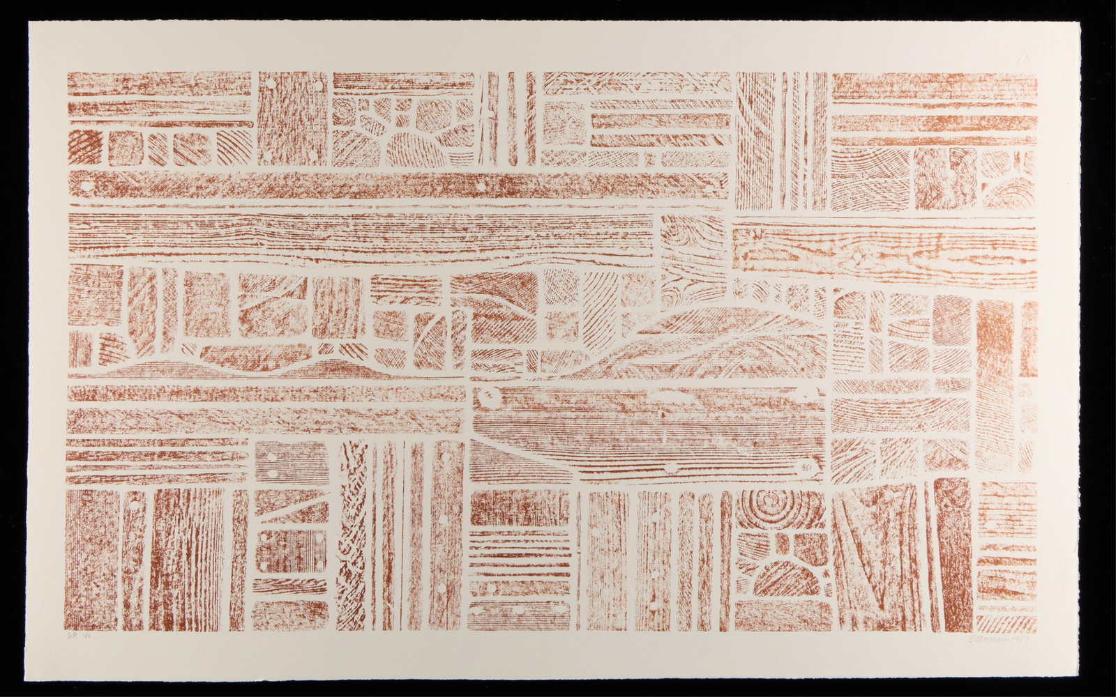 George Morrison Collage Ink Rubbing 1987: George Morrison (Grand Portage Anishinaabe, 1919-2000). Reddish-brown ink rubbing on paper depicting a found wood collage, 1987. These pieces of wood were often those that washed ashore on Lake Superi