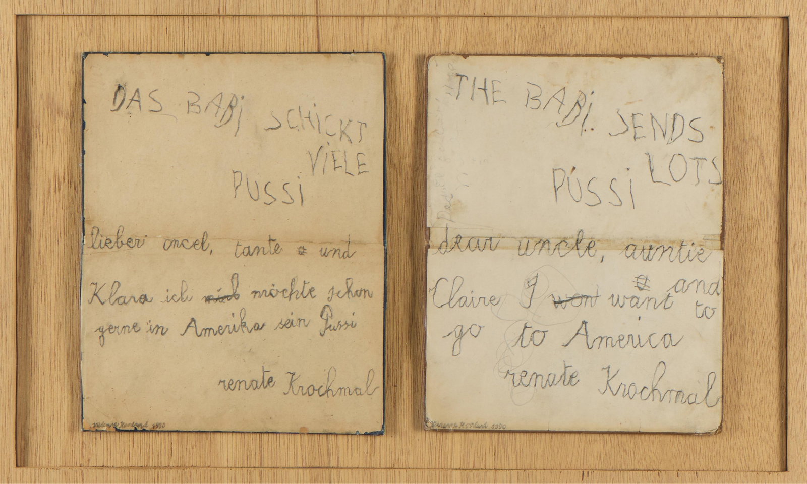 Vivienne Koorland "Renate" Charcoal Drawing 1990: Vivienne Koorland (South African, b. 1957). Charcoal on book cover drawing titled "Renate," 1990. Depicting German and English text inscribed along the interior of two recycled book covers without tex