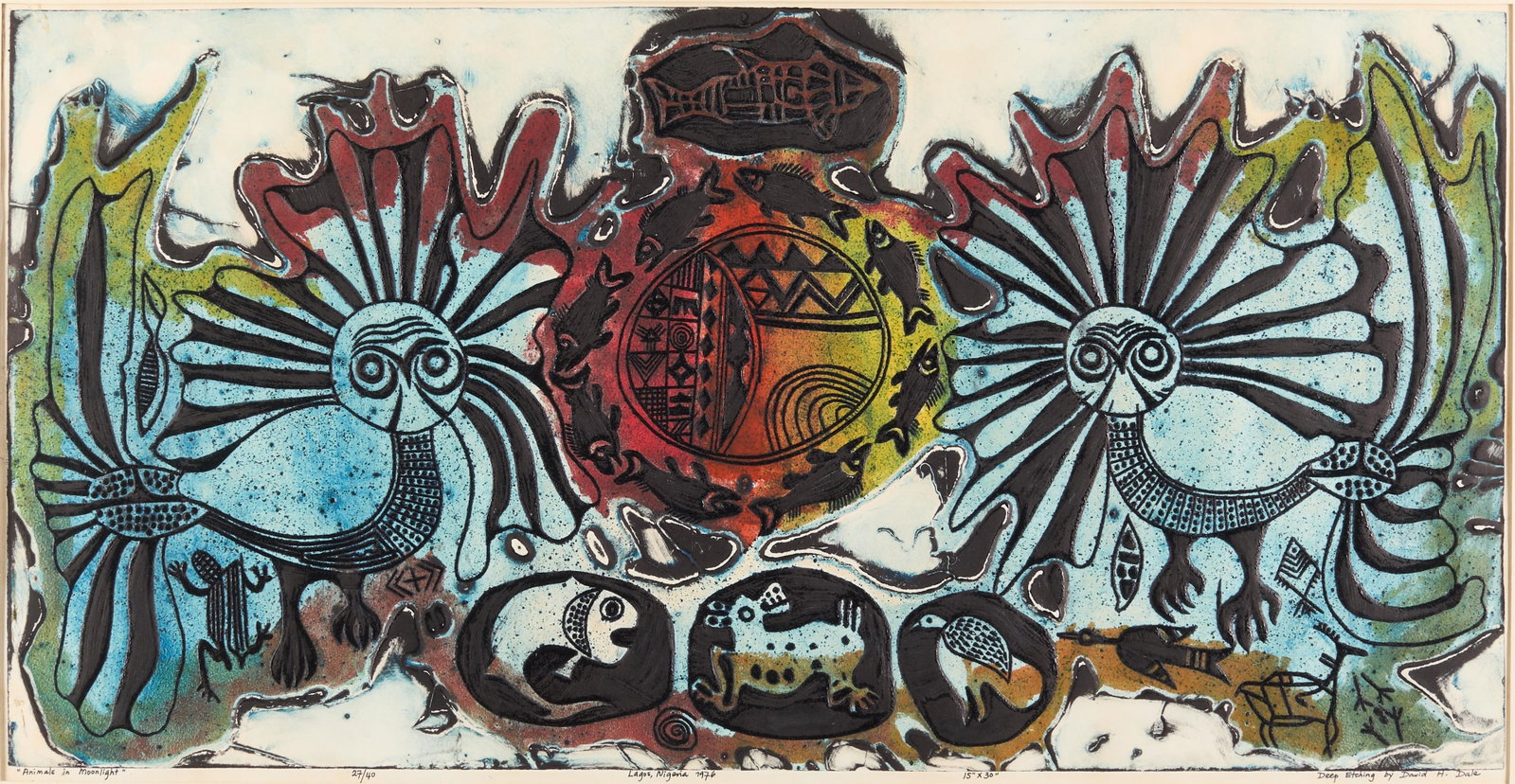 David Dale "Animals in Moonlight" Etching 1976: David H. Dale (Nigerian, b. 1947). Deep cut etching on paper titled "Animals in Moonlight," 1976. Depicting a vibrant array of animals and zoomorphic creatures. Ink signed, titled, dated, editioned 27