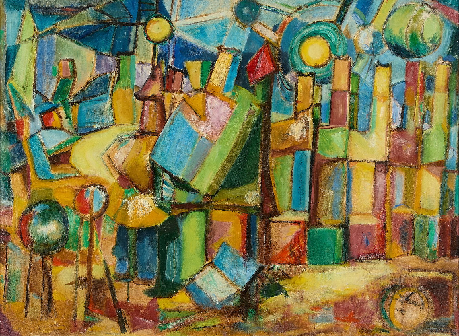 Hugh Kappel Abstract Landscape Painting 1944: Hugh Kappel (American, 1910-1982). Oil on canvas painting depicting an abstracted landscape, 1944. Signed and dated along the lower right. Stamped "The Estate of Hubert Kappel" along the verso. This l