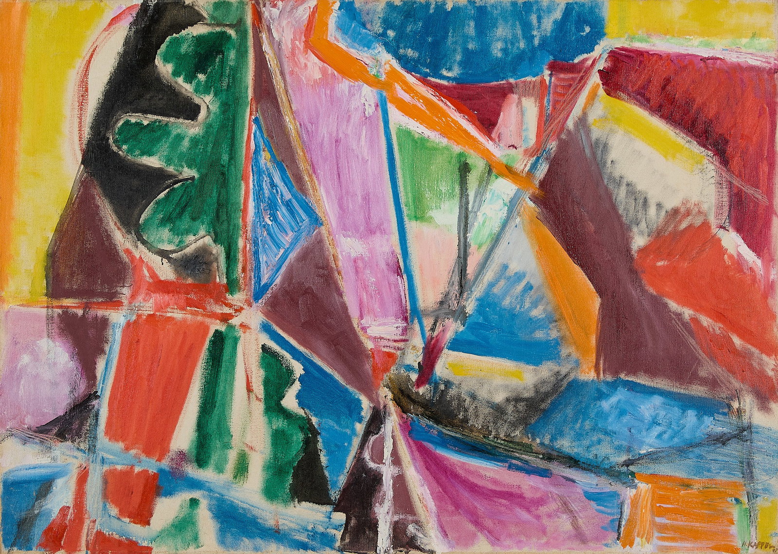 Hugh Kappel Abstract Painting 1957: Hugh Kappel (American, 1910-1982). Oil on canvas painting depicting an abstracted geometric composition, 1957. Signed along the lower right. Further signed along the verso. This lot includes a copy of