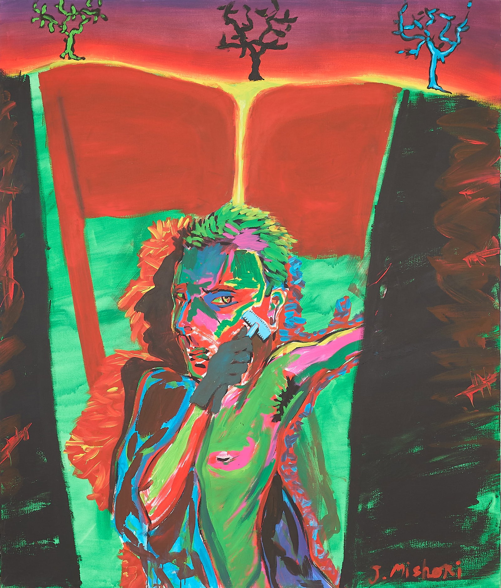 Lrg Jacob Mishori "The Shaving Off" Painting 1983: Jacob Mishori (Israeli, b. 1952). Acrylic on canvas painting titled "The Shaving Off," 1983. Signed along the lower right; further signed, dated, and inscribed along the verso "Gessel." From "The Leid