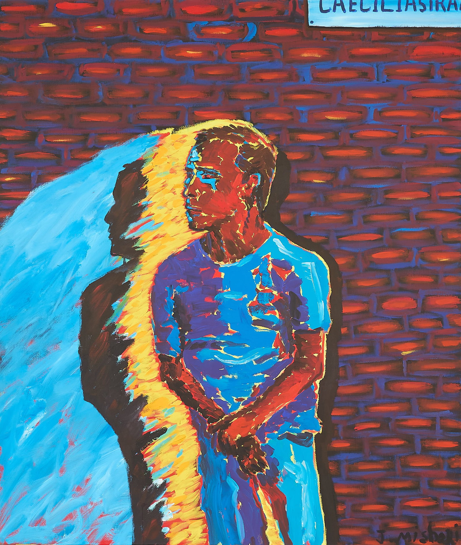 Jacob Mishori "Mr. Gideon-Take #2" Painting 1983: Jacob Mishori (Israeli, b. 1952). Oil on canvas painting titled "Mr. Gideon-Take #2," 1983. Depicting a solitary man clad in blue against a red brick wall. Signed along the lower right corner. Further