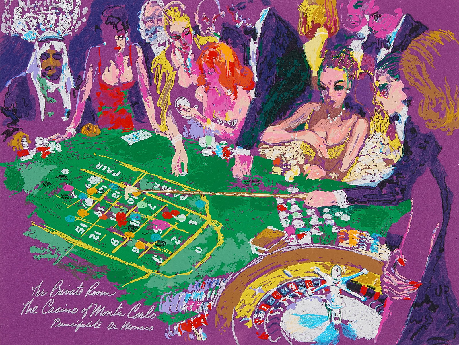 LeRoy Neiman "The Private Room" Lithograph: LeRoy Neiman (American, 1921-2012). Lithograph print on paper titled "The Private Room: The Casino of Monte Carlo," also known as "La Salle Privee." Depicting a vibrant casino scene with figures gathe