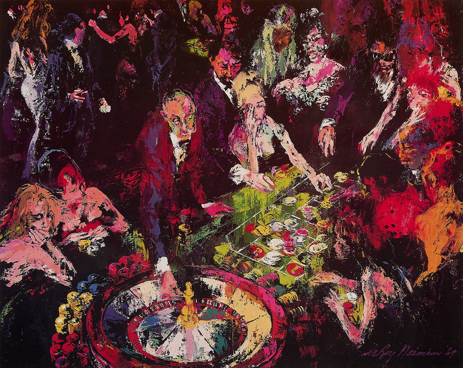 LeRoy Neiman "International Roulette" Lithograph: LeRoy Neiman (American, 1921-2012). Lithograph print on paper titled "International Roulette," 1969. Depicting an energetic casino scene. Ink signed along the lower right margin; further signed and da