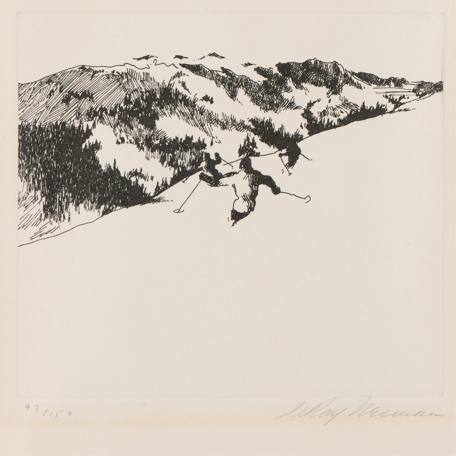 LeRoy Neiman "Ski Suite" Etching 1972: LeRoy Neiman (American, 1921-2012). Etching on paper from the "Ski Suite," ca. 1972. Depicting downhill skiers along a snowy mountain. Pencil signed along the lower right and editioned 97/150 along th